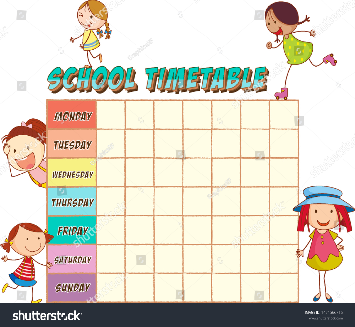 School Time Table Doodle Girls Illustration Stock Vector (Royalty Free ...