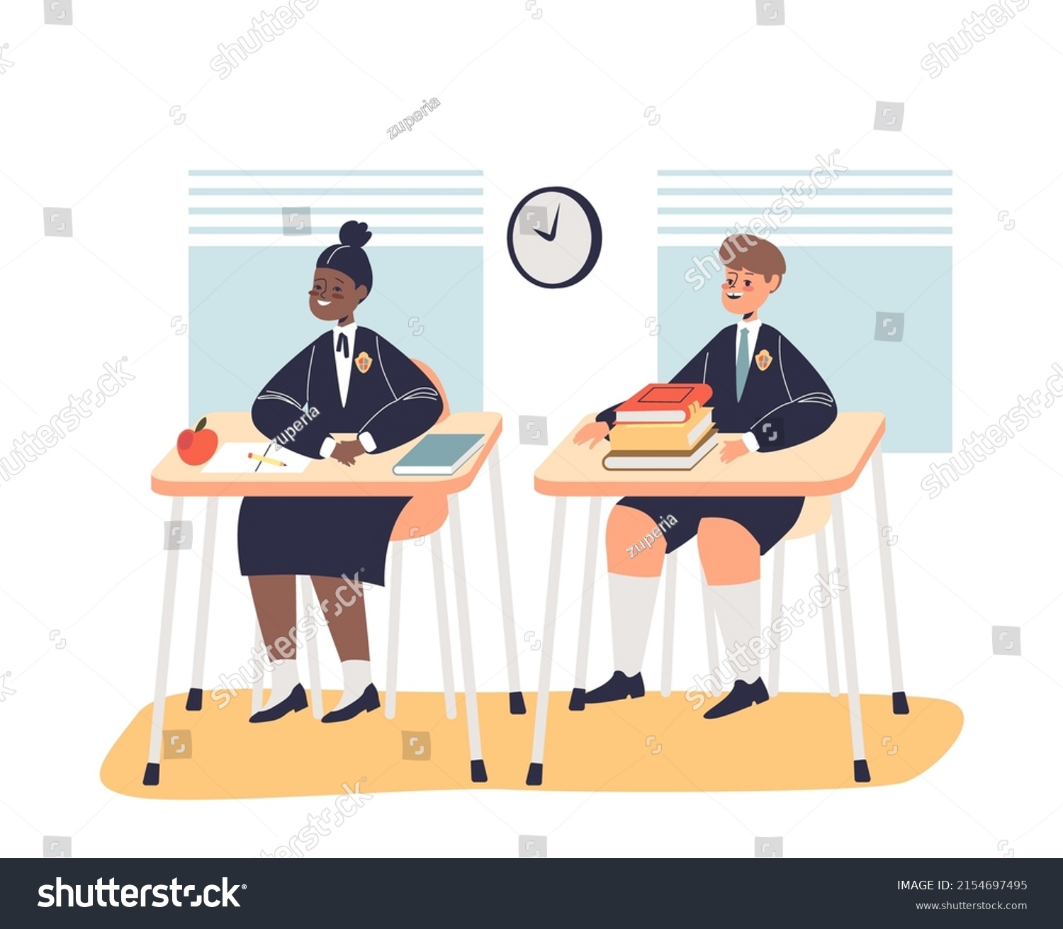 Schoolchildren Uniform Sitting School Desk Classroom Stock Vector ...