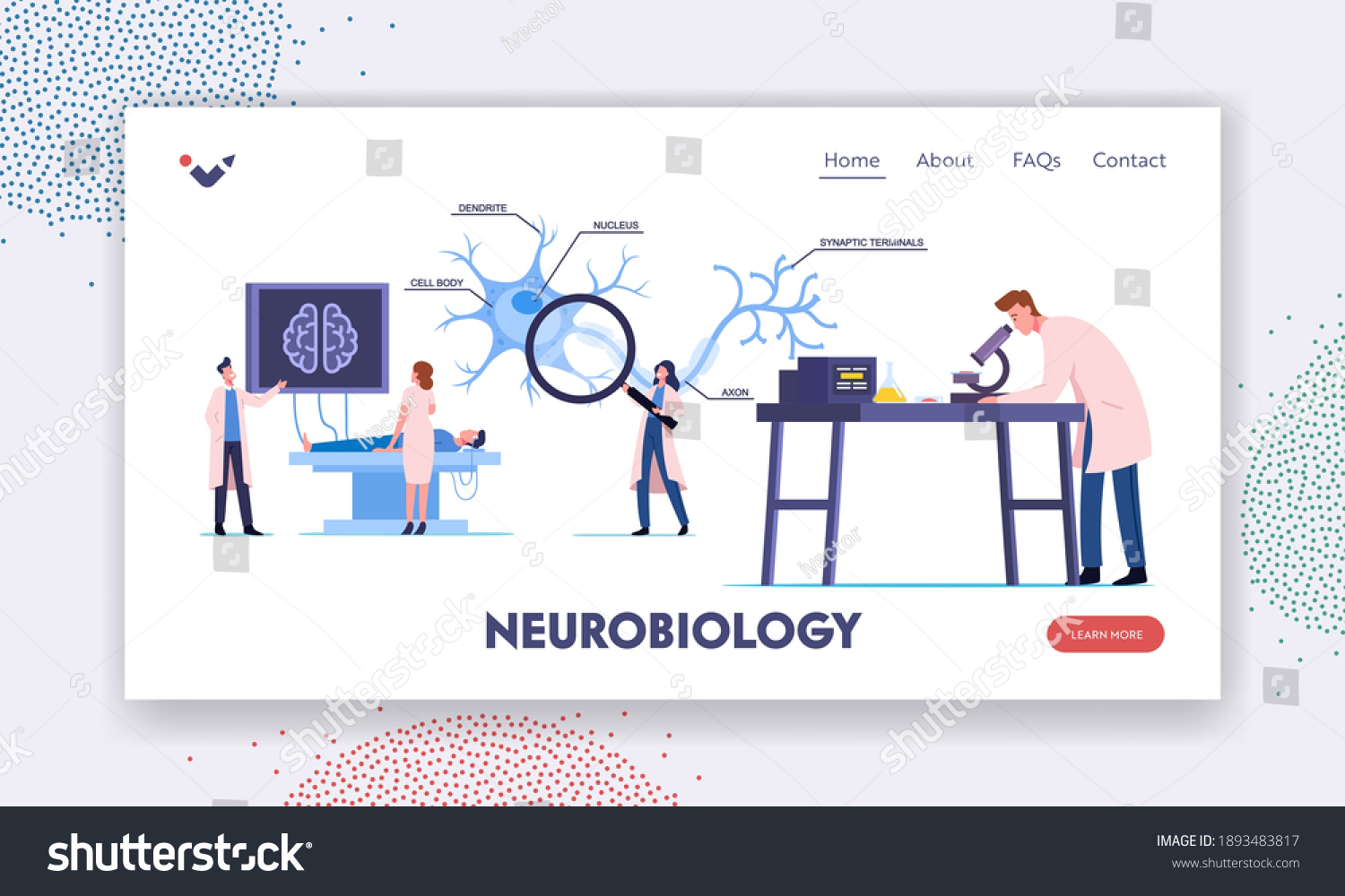 SVG of Scientists Characters Learning Human Brain in Laboratory Landing Page Template. People in Lab with Scheme of Dendrite, Cell Body, Axon and Nucleus with Synaptic Terminals. Cartoon Vector Illustration svg