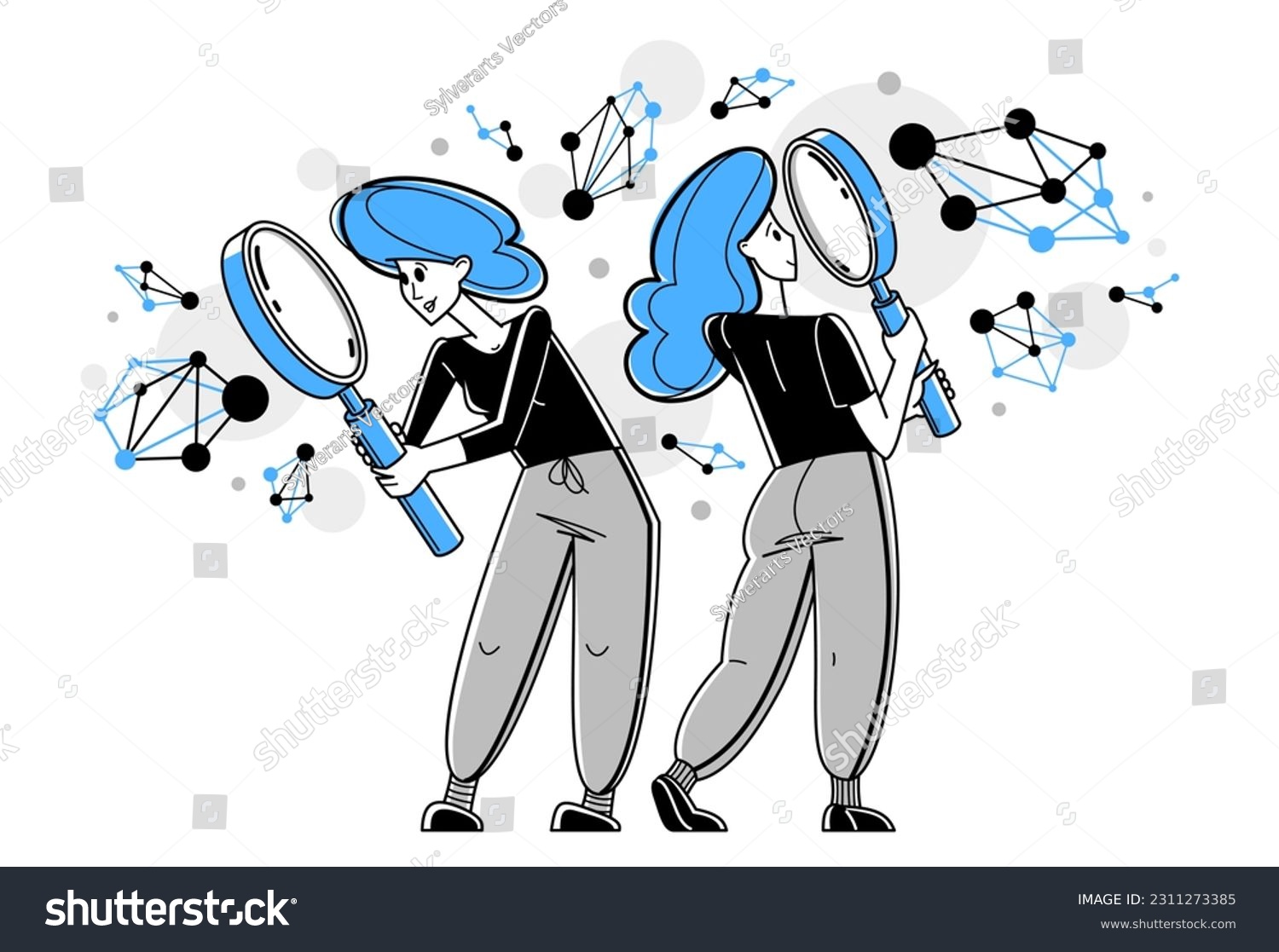 women with blue hair using magnifying glasses clip art preview