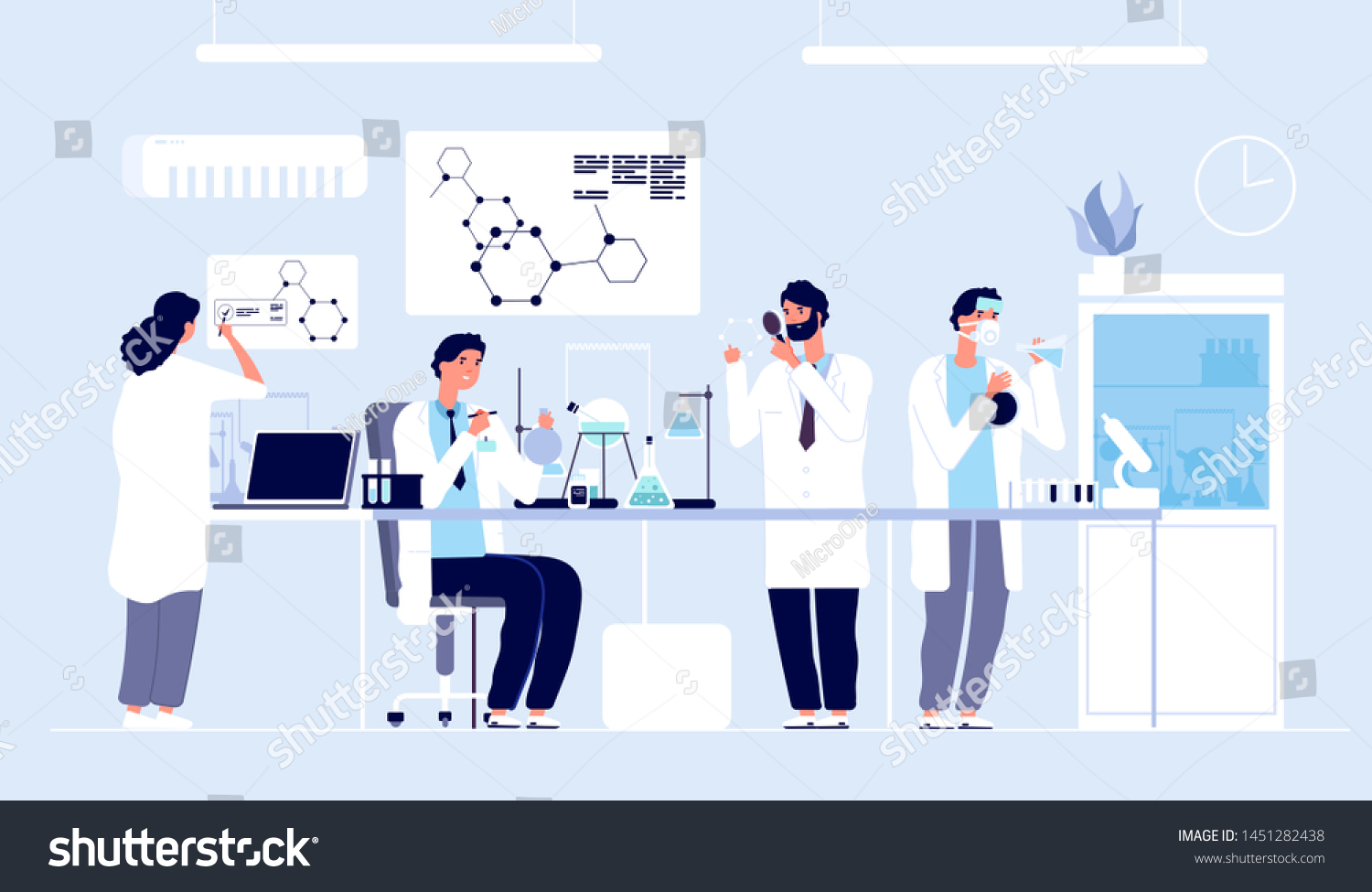 研究室の科学者 白衣を着た人々 実験用機器を持つ化学研究者 薬物開発の漫画のベクター画像コンセプト 研究室での科学者のイラスト 研究室での科学実験 のベクター画像素材 ロイヤリティフリー