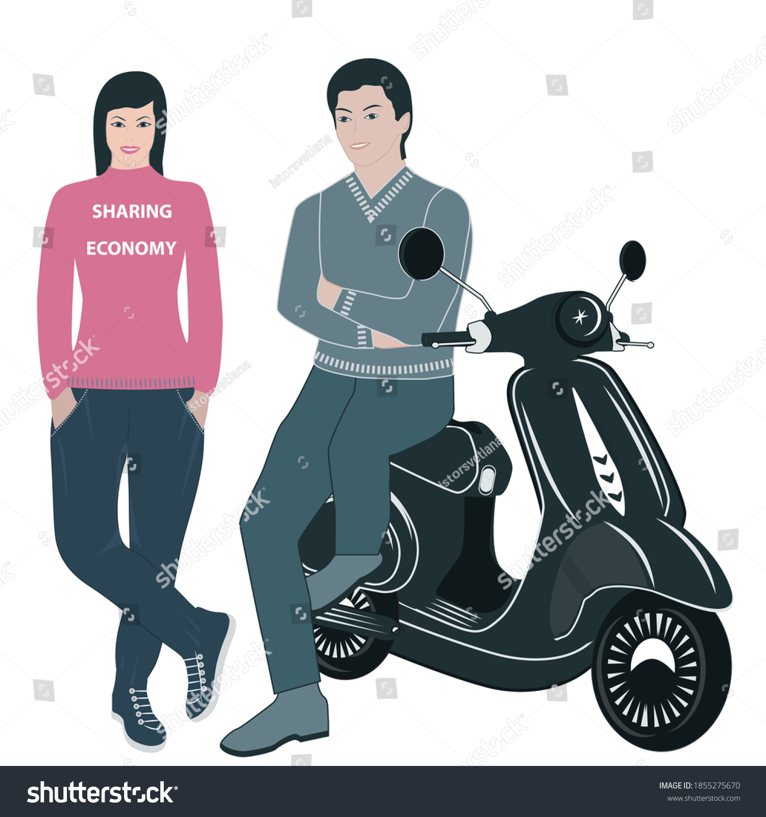 SVG of Scooter and owners man and woman. Vector illustration. Design concept. Sharing Economy. svg