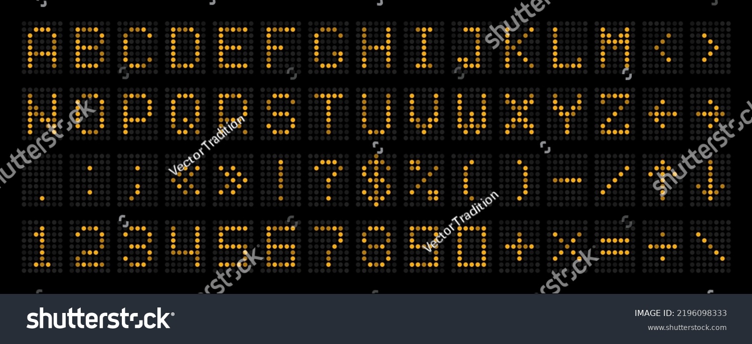SVG of Scoreboard font, LED board alphabet or airport display type letters, vector digital panel. Scoreboard font with numbers of electric led dots, score board or electronic timetable type with lamp svg