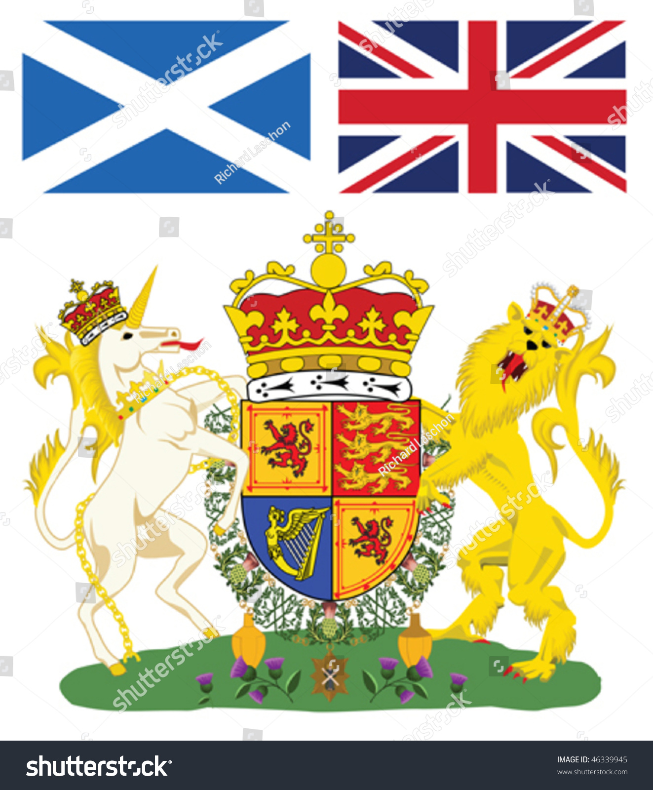 Scottish Royal Coat Of Arms With Flags Of Scotland And Great Britain ...