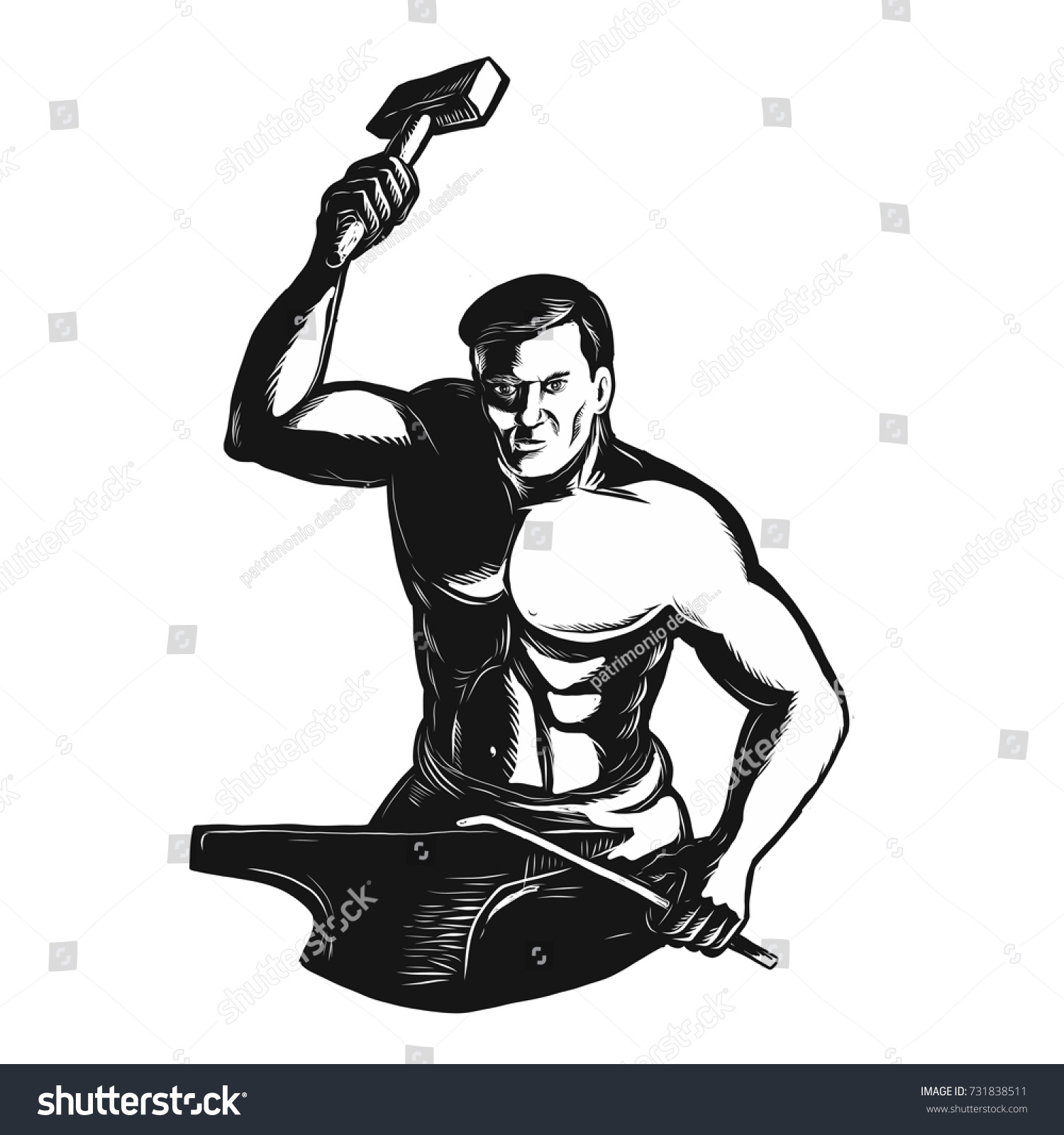 Scratchboard Style Illustration Blacksmith Hammer Working Stock Vector ...