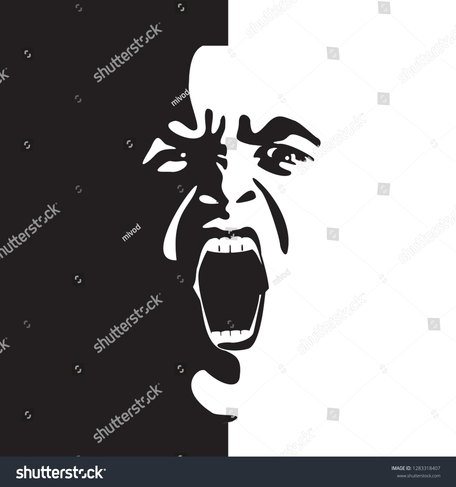 白黒のベクター画像で叫ぶ顔 口を開いて叫ぶ男の感情的な叫び 表情が落書き風に描かれる のベクター画像素材 ロイヤリティフリー
