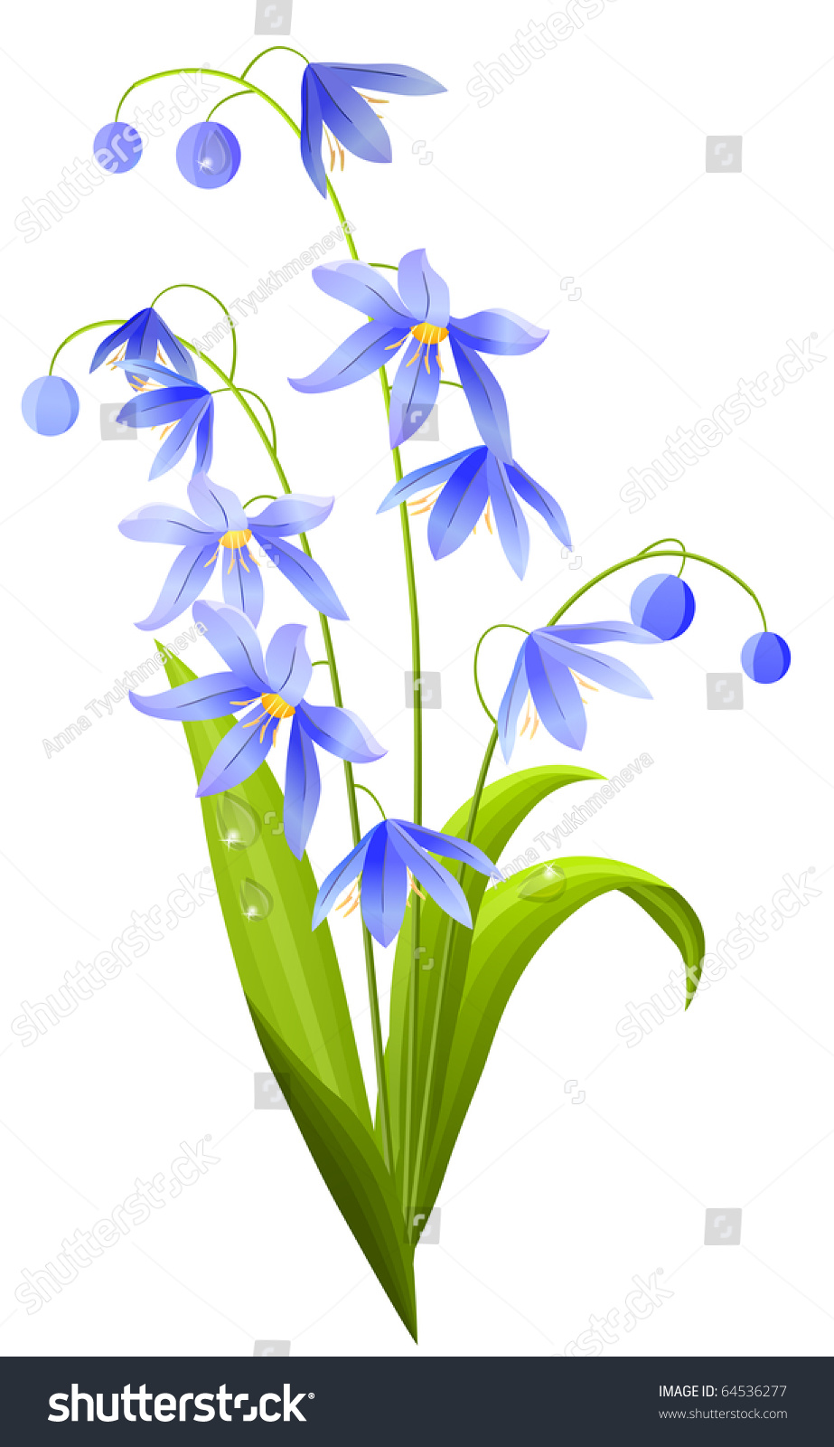 blue flowers with green leaves on white clip art preview