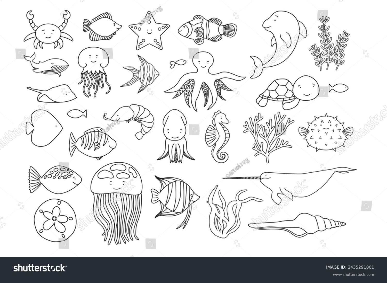 SVG of Sea Animal, Sea Animals, Silhouette, Sea Animals Bundle, line-work, Baby Turtle, Ocean Fish, Seahorse, Crab, Dolphin Wale, Doodle, Narwhale, sea-star, octopus, clown fish, jellyfish, ray fish,  svg