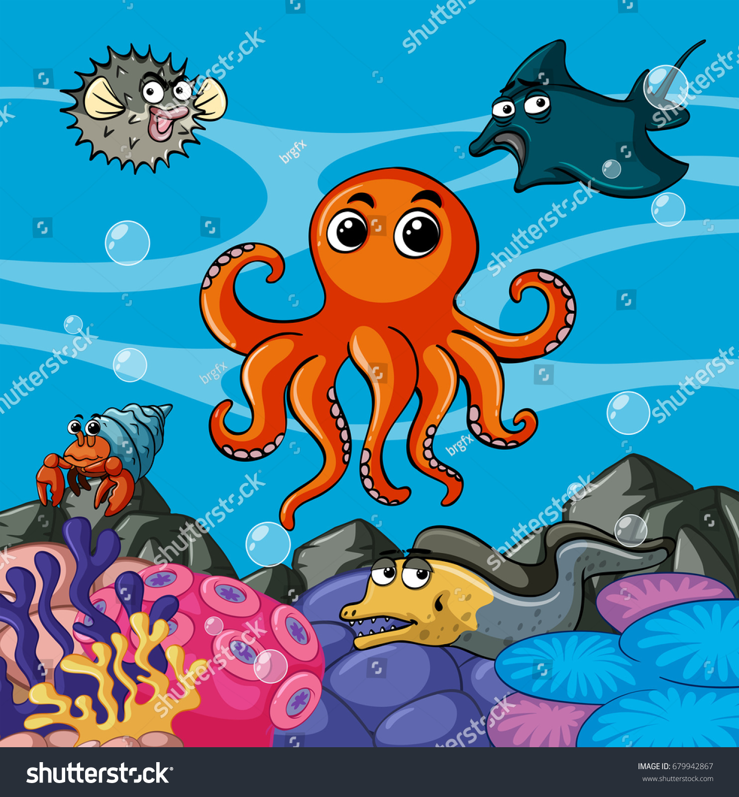 Sea Animals Living Under Sea Illustration: เวกเตอร์สต็อก (ปลอดค่า