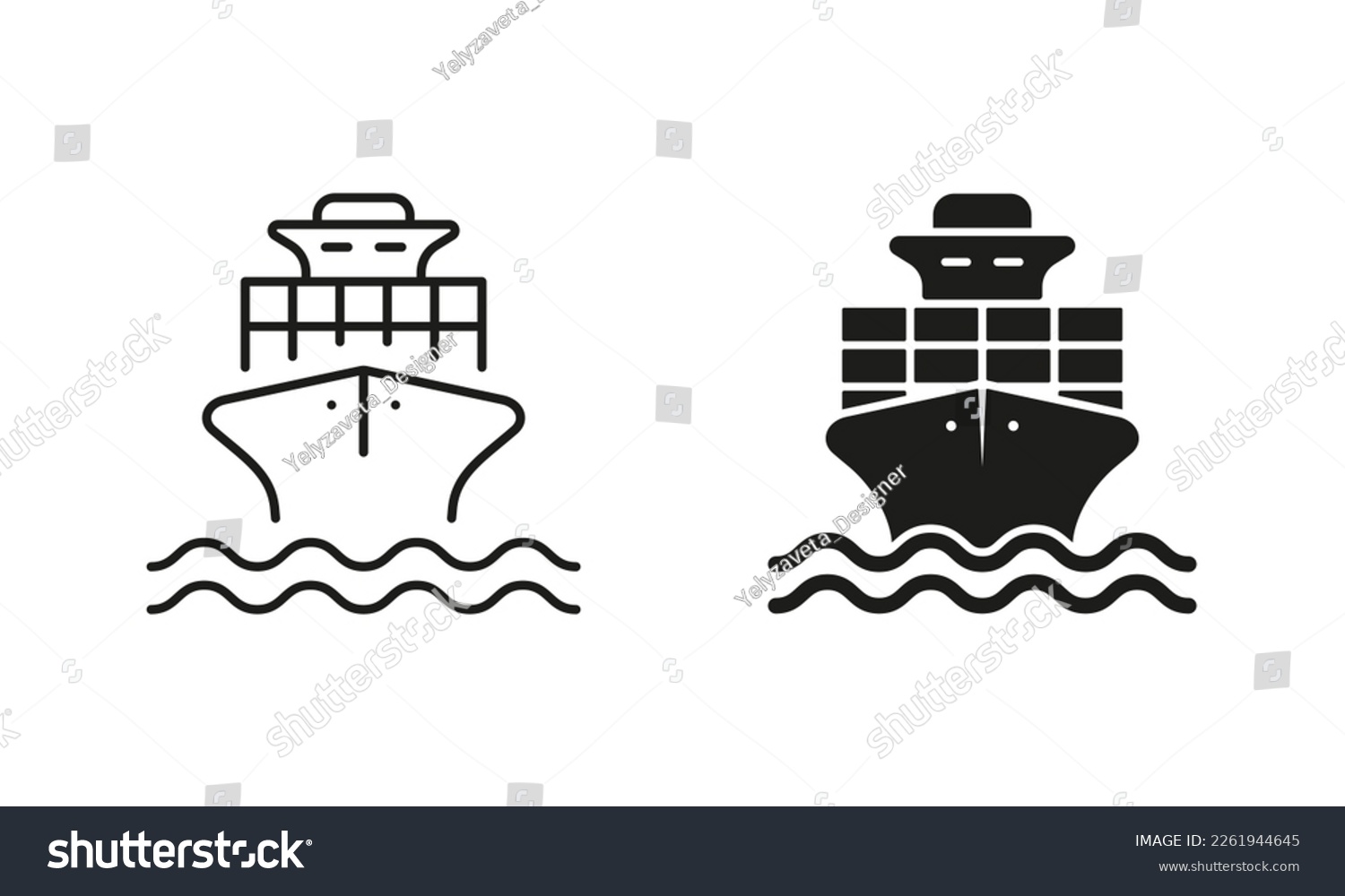 SVG of Sea Boat Vessel Silhouette and Line Icon Set. Freight Marine Container Delivery Pictogram. Cargo Ship Delivery Black Symbol. Big Cruise Yacht Shipping. Editable Stroke. Isolated Vector Illustration. svg