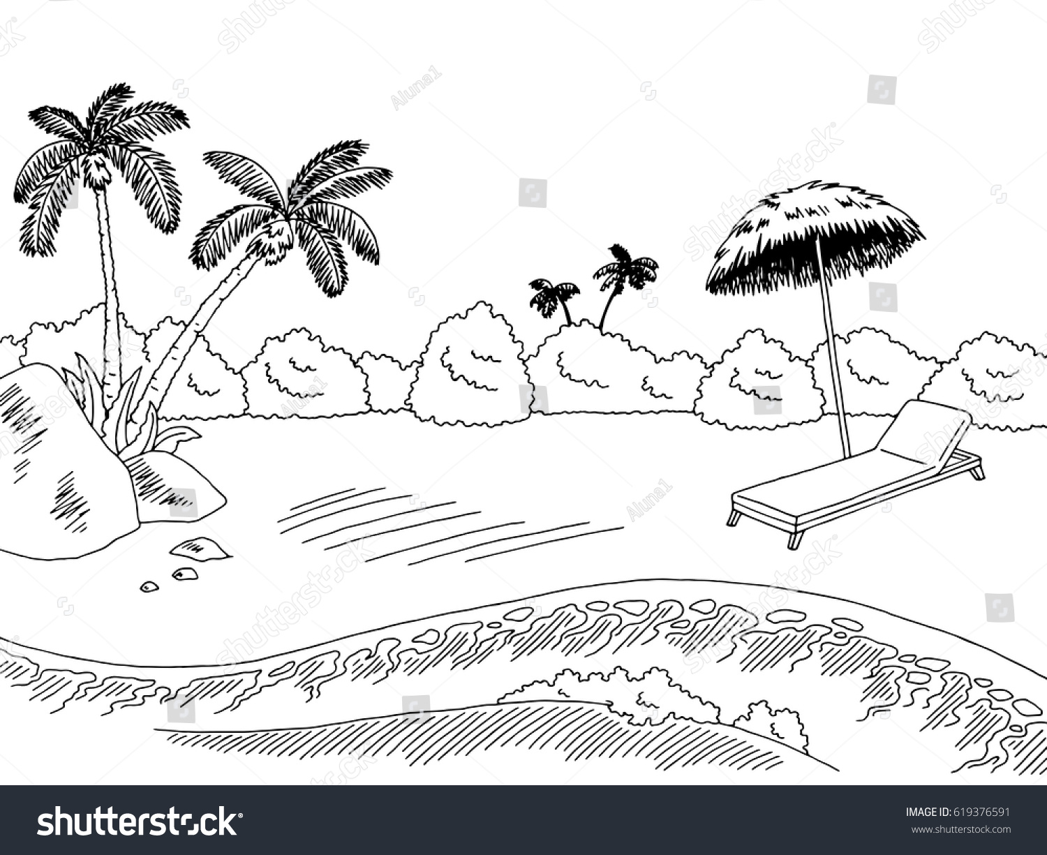 Sea Coast Graphic Black White Landscape Stock Vector (Royalty Free ...