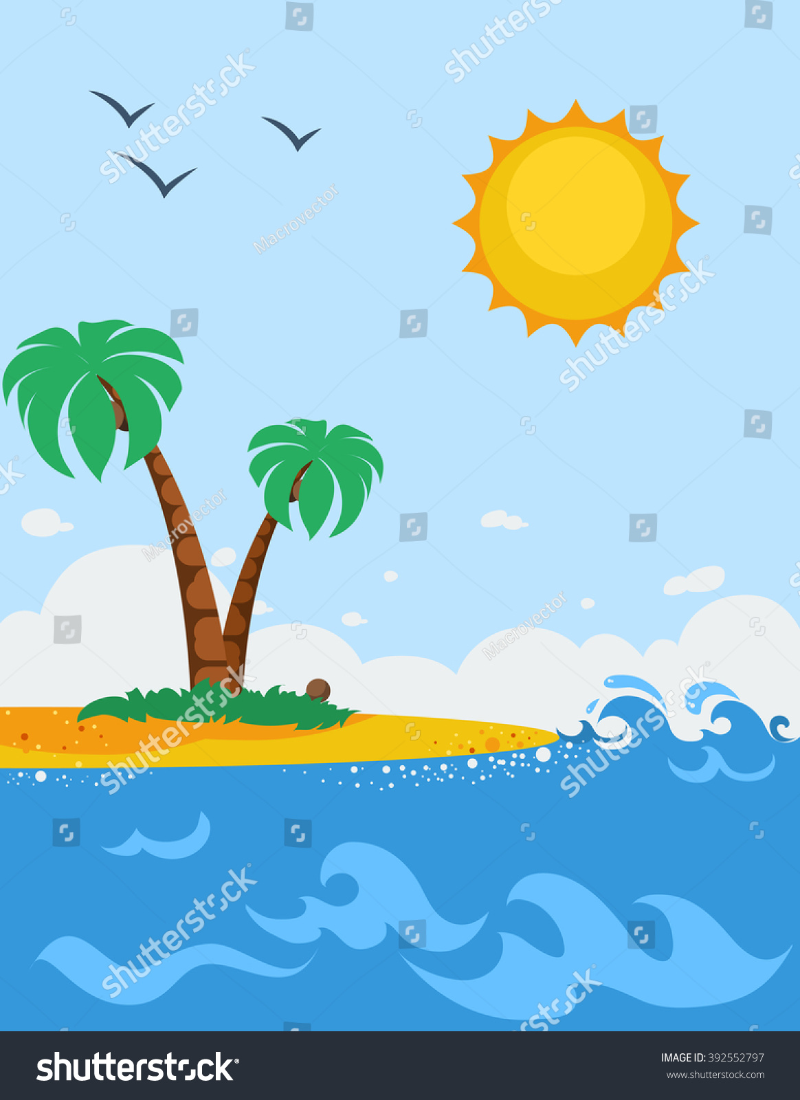 Sea Landscape Cartoon Poster With Sandy Beach Palm Trees Sun And ...