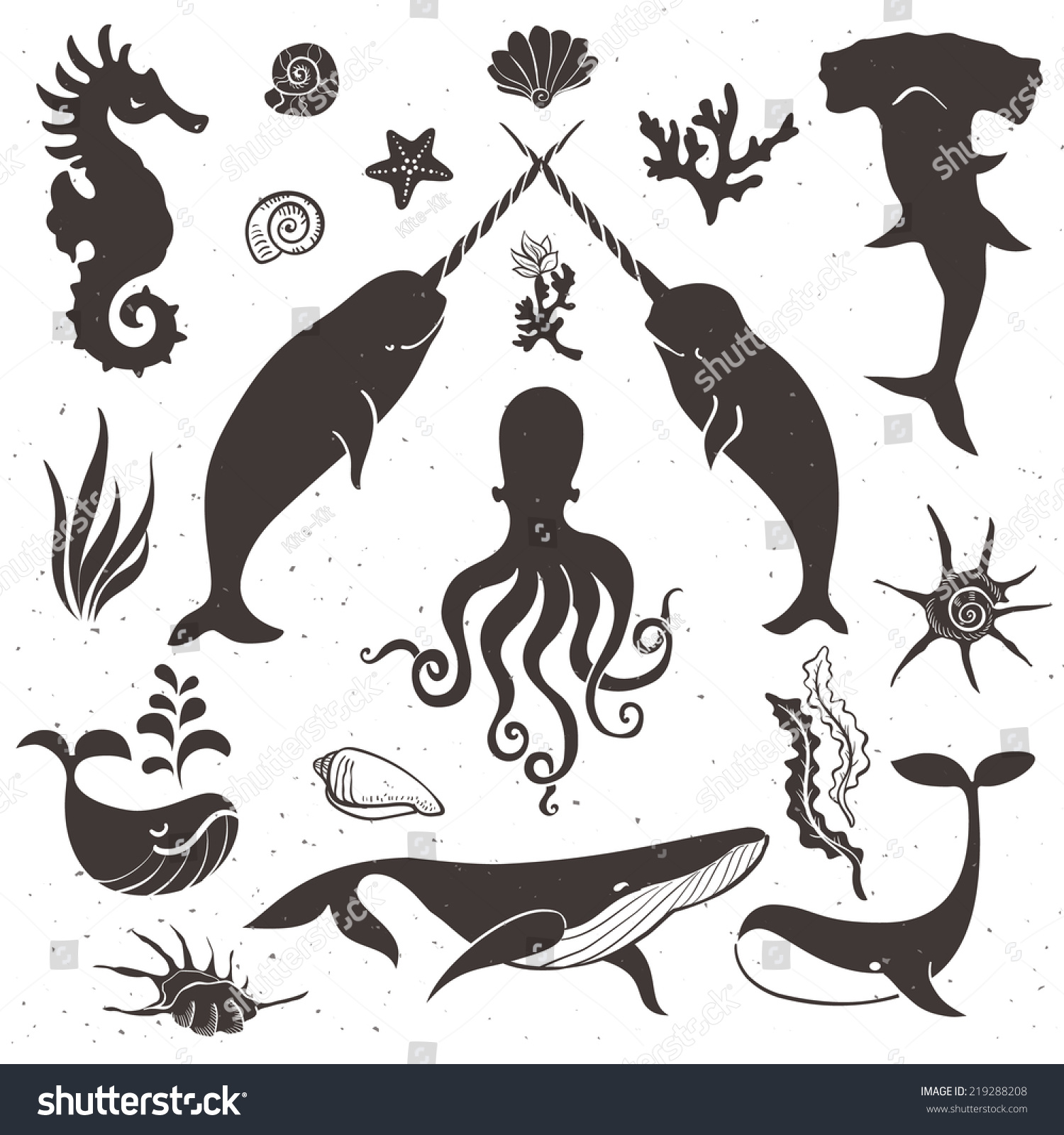 Sea Life, Marine Animals. Vintage Hand Drawn Elements In Nautical Style ...