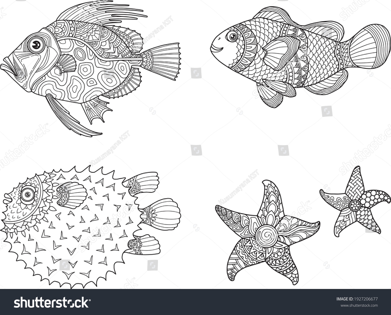 Sea Life Set Coloring Page Mandala Stock Vector (Royalty Free