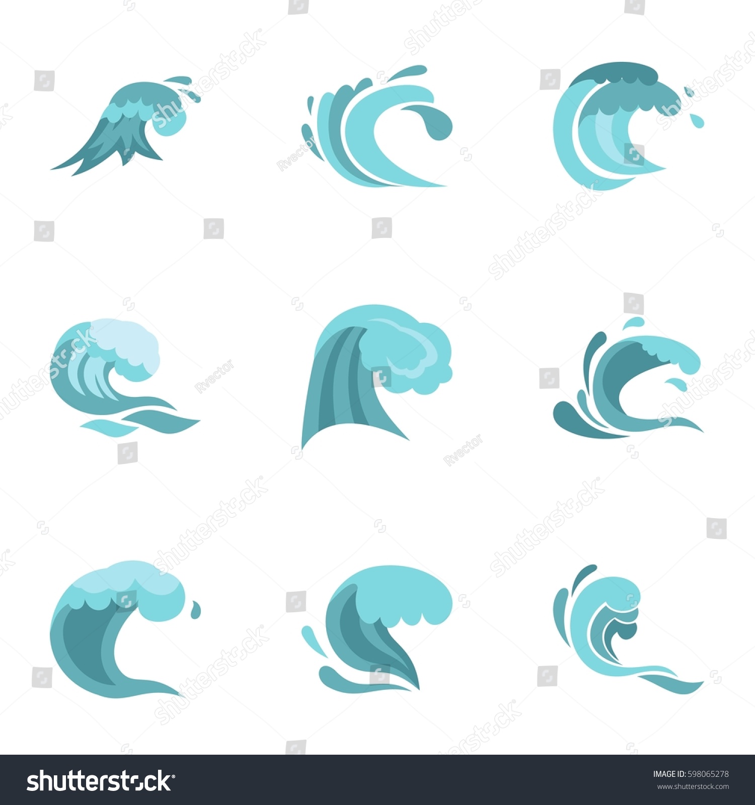 Sea Ocean Waves Icons Set Flat Stock Vector (Royalty Free) 598065278
