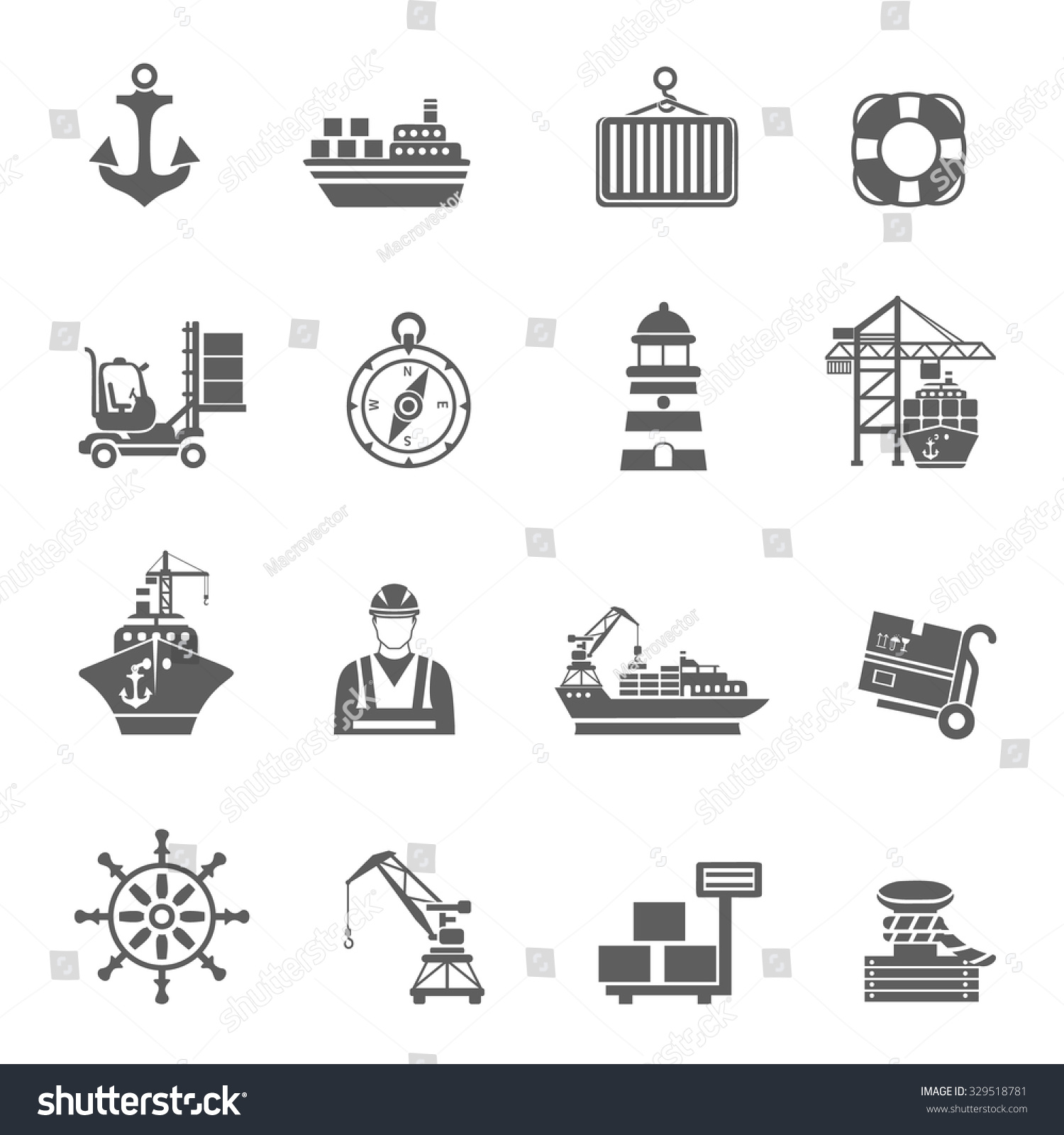 SVG of Sea port black icons set with ships and marine transport isolated vector illustration svg