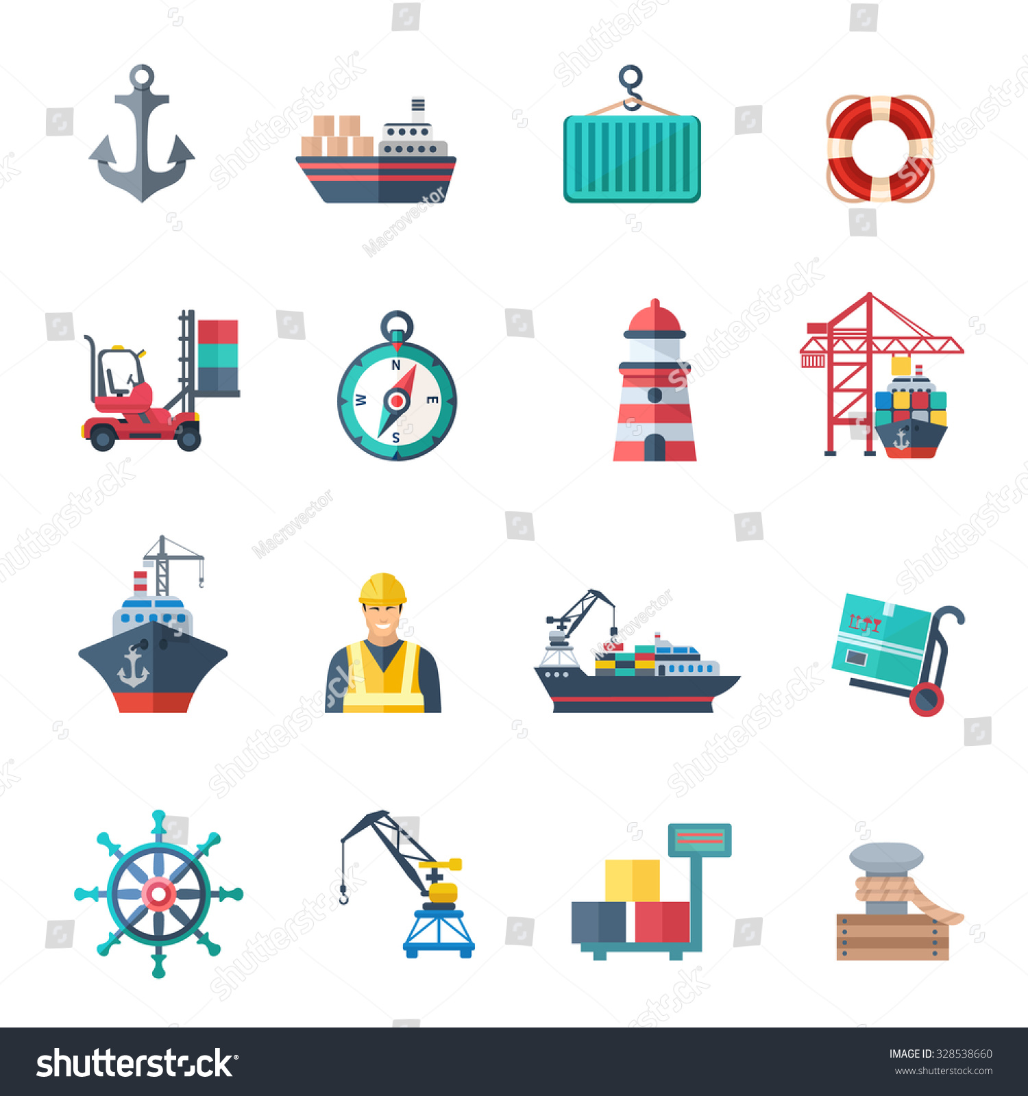 SVG of Sea port icons flat set with marine shipping isolated vector illustration svg