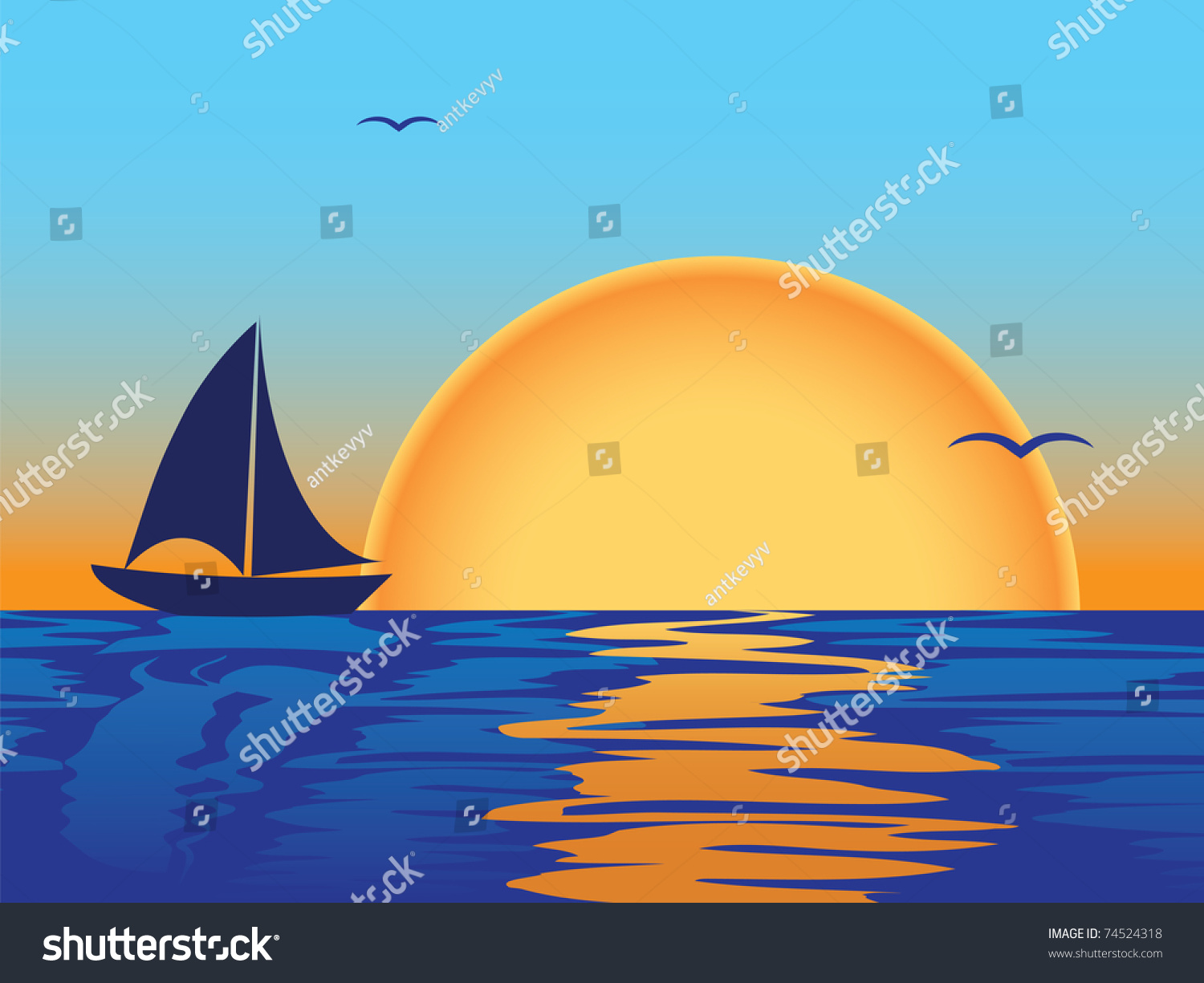 Sea Sunset With Boat And Seagulls Silhouettes Stock Vector 74524318 ...