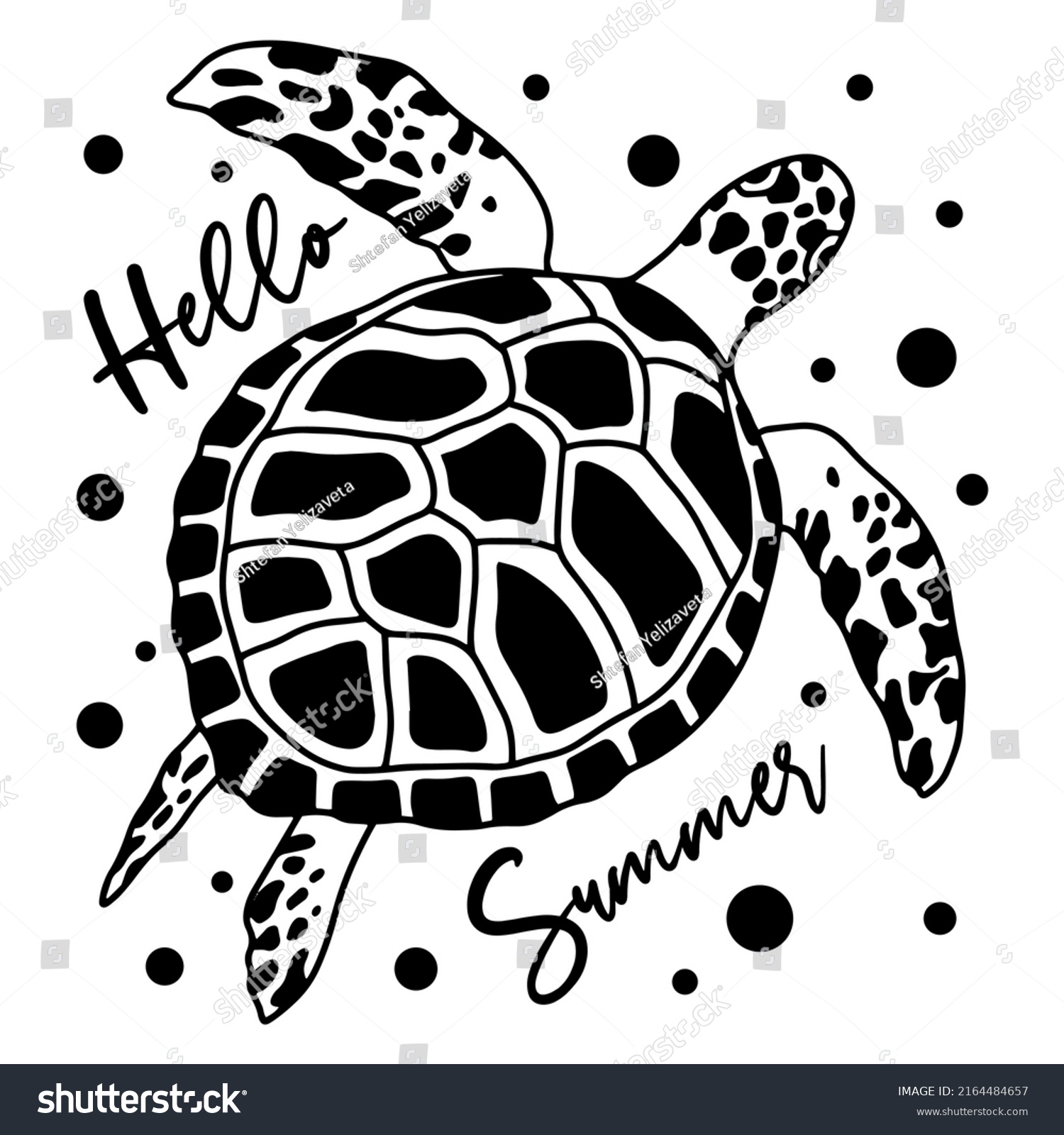 SVG of Sea swimming turtle vector illustration for print and cut vinyl. Hello summer lettering for print. svg