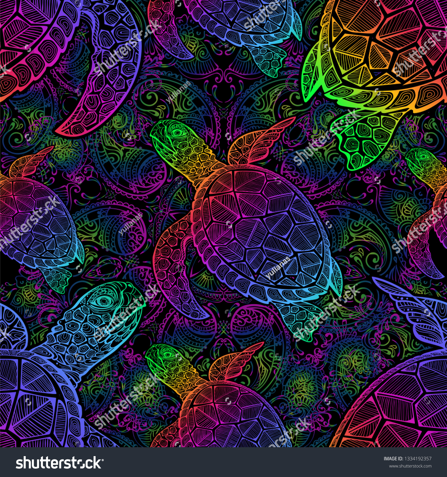SVG of Sea turtle in psychedelic multicolor colors with lotuses and mandala in the style of boho - seamless pattern svg