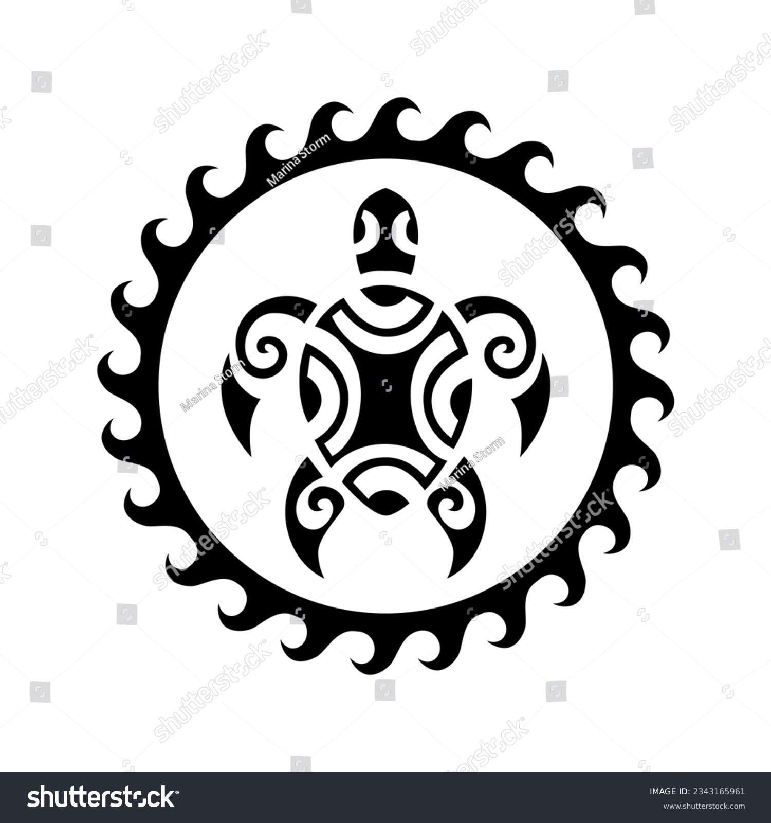 SVG of Sea turtle round circle ornament Maori style. Tattoo sketch. Black and white. svg