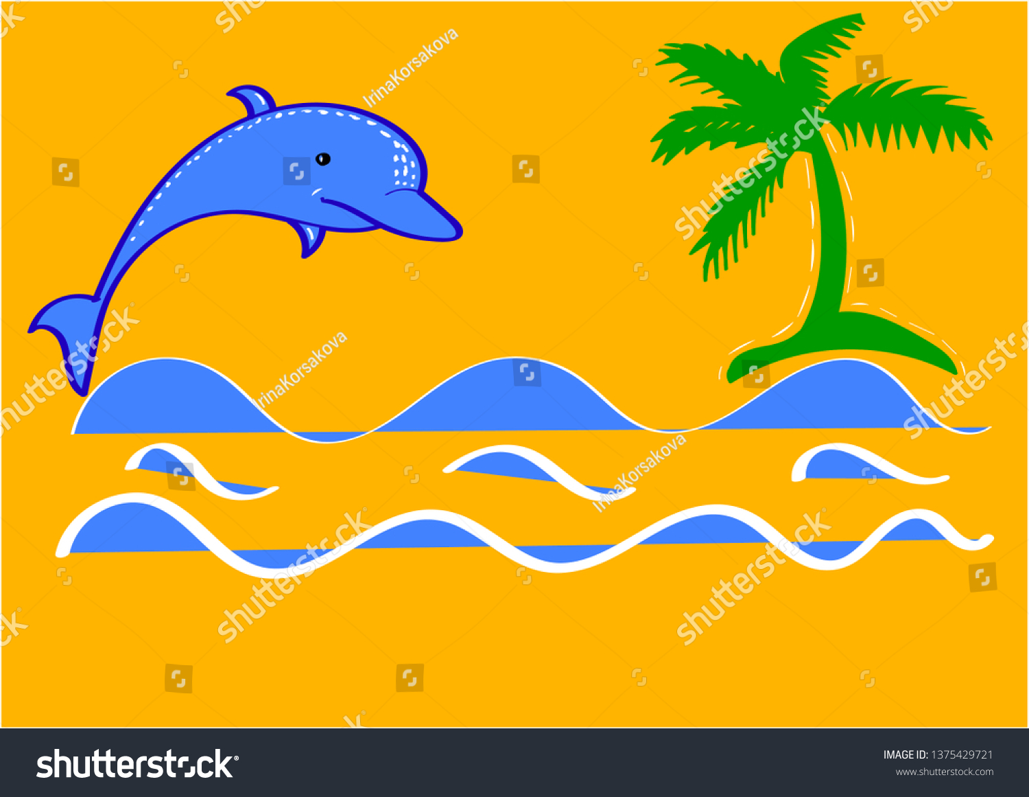 Sea Waves Palm Tree Silhouette Dolphin Stock Vector (Royalty Free ...