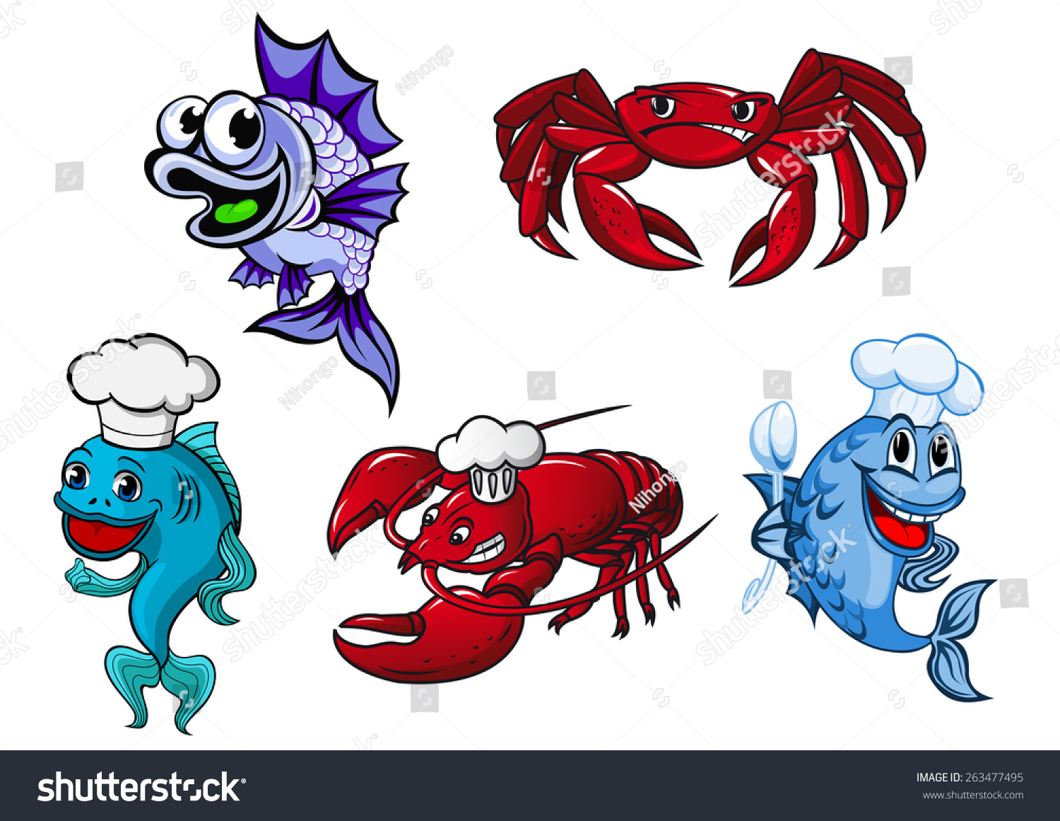 Seafood Cartoon Characters Including Funny Blue Stock Vector 263477495