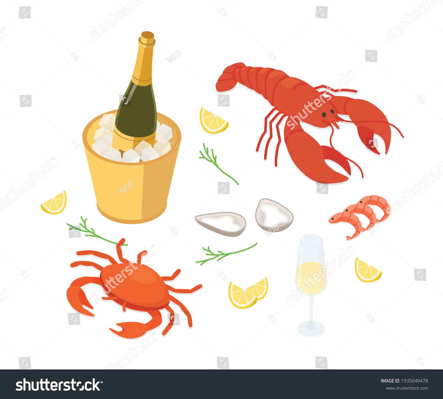 SVG of Seafood set - lobster, oysters and sparkling wine. Isometric vector illustration in flat design.
 svg
