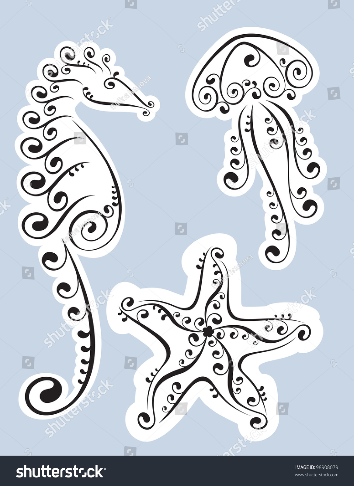 Seahorse, Jellyfish And Starfish Stock Vector Illustration 98908079 ...