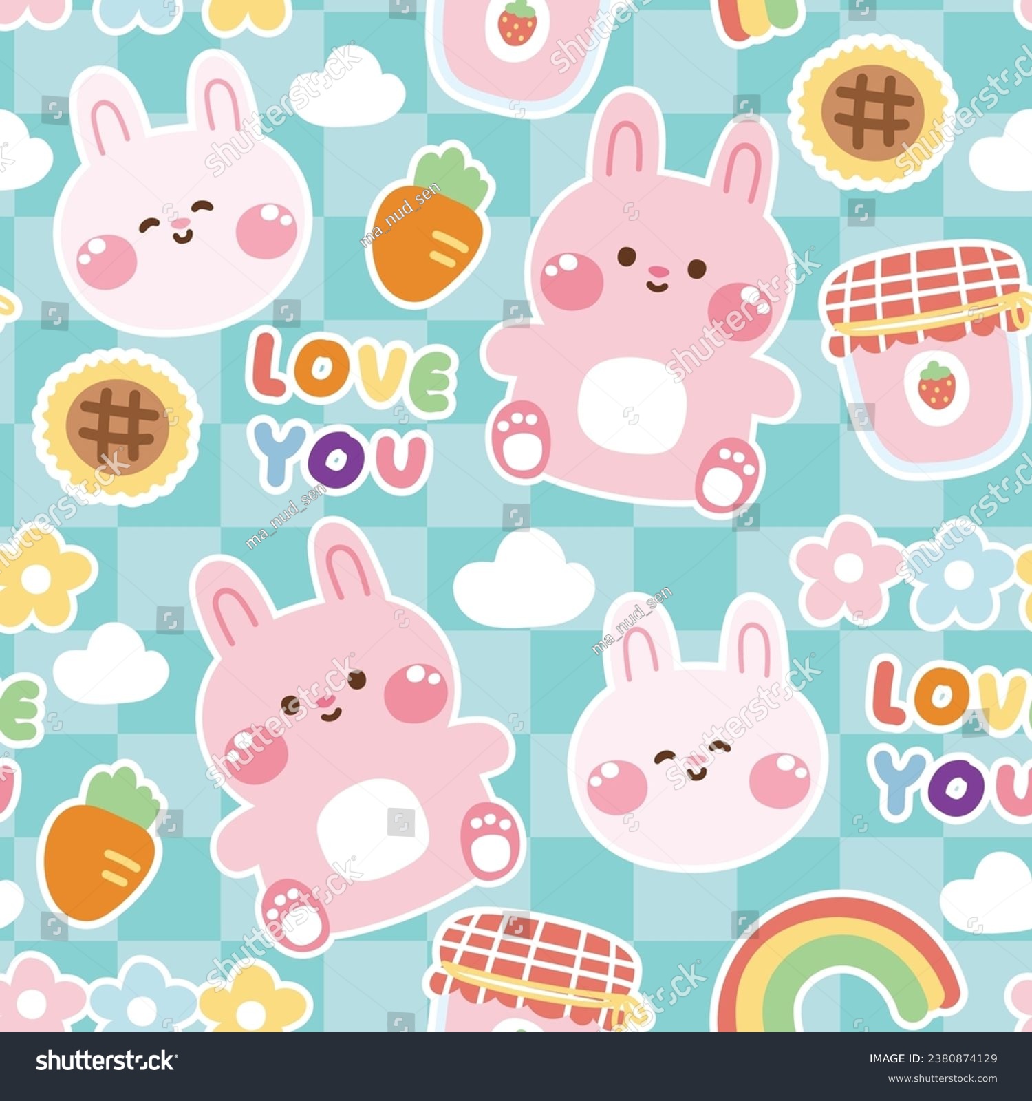 SVG of Seamles pattern of cute rabbit with various icon on blue background.Rodent animal character cartoon design.Rainbow,carrot,strawberry jam,sunflower,cloud hand drawn.Kawaii.Vector.Illustration. svg