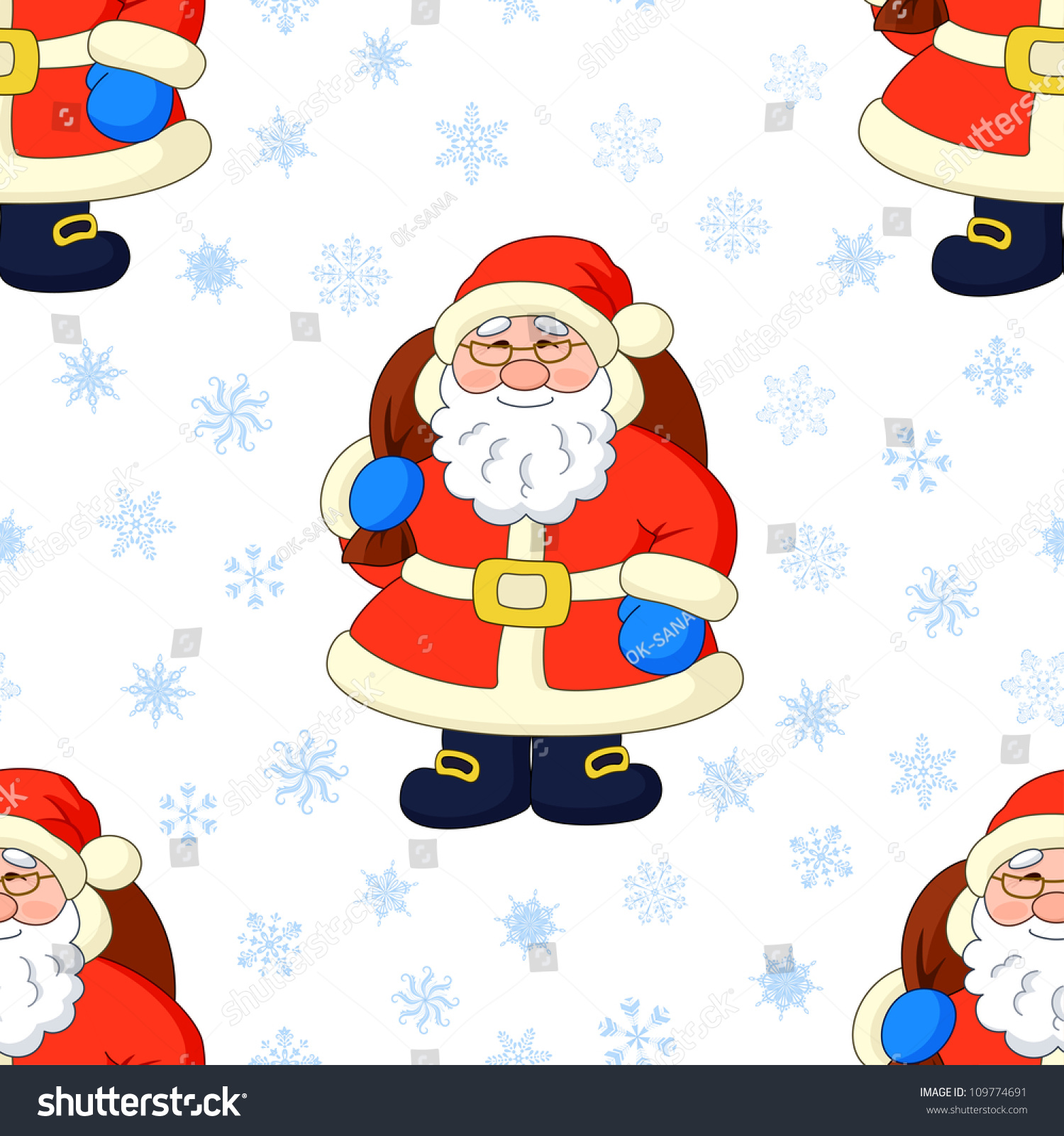 Seamless background Christmas cartoon Santa Claus and snowflakes