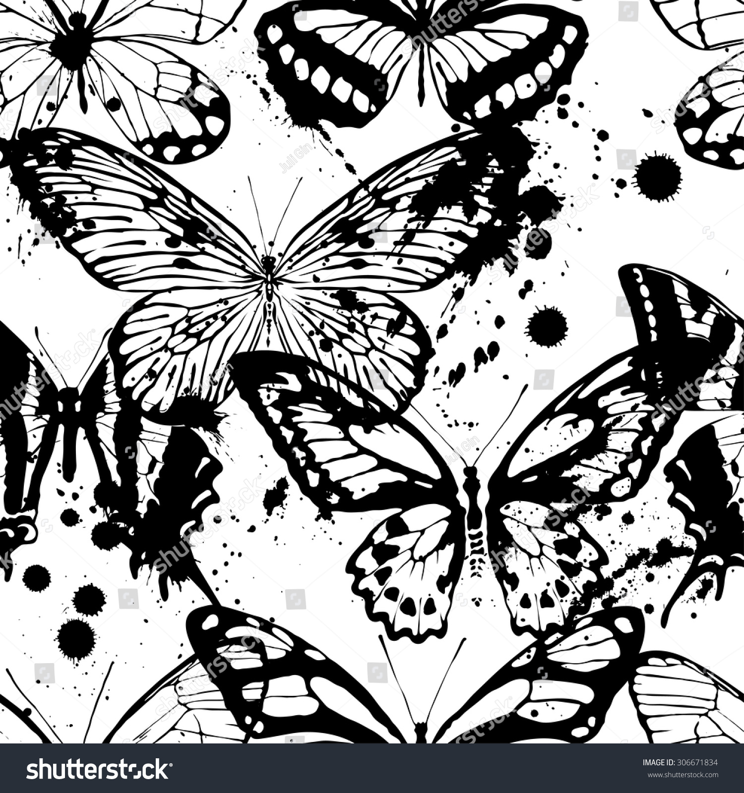 Seamless Background Of Butterflies Black And White Colors. Vector ...