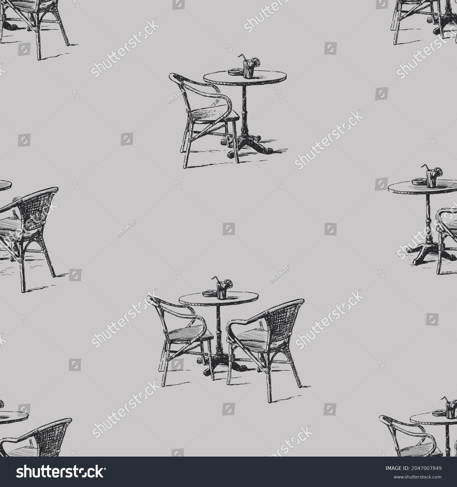 Seamless Background Sketches Tables Chairs Summer Stock Vector Royalty Free 2047007849