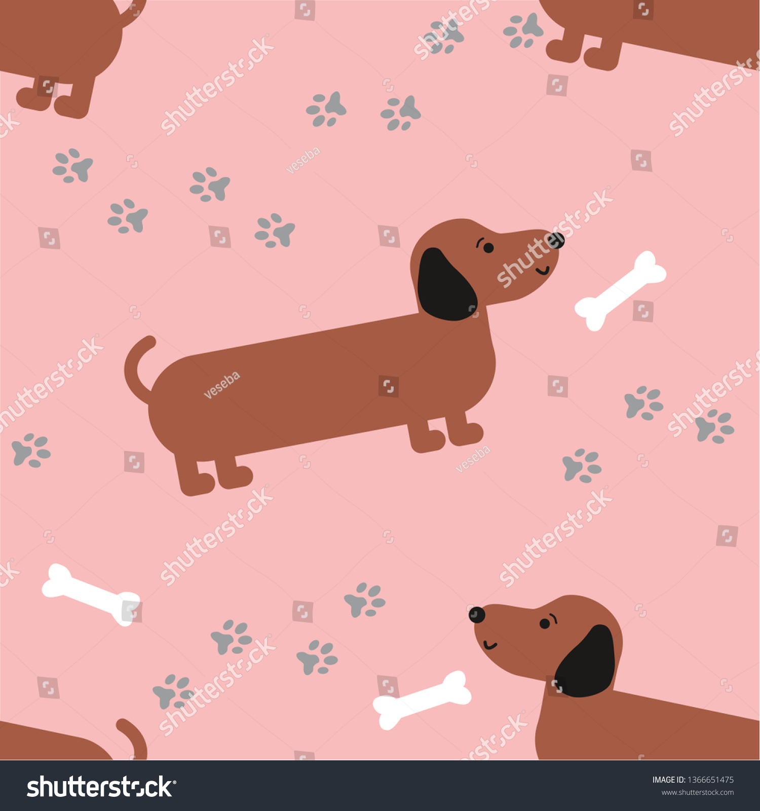 SVG of Seamless background with cute dog. Pet. Footprints of dog. Bone for dog. Children background with cute animal. Cartoon background. Pink girl background with sausage dog.  svg