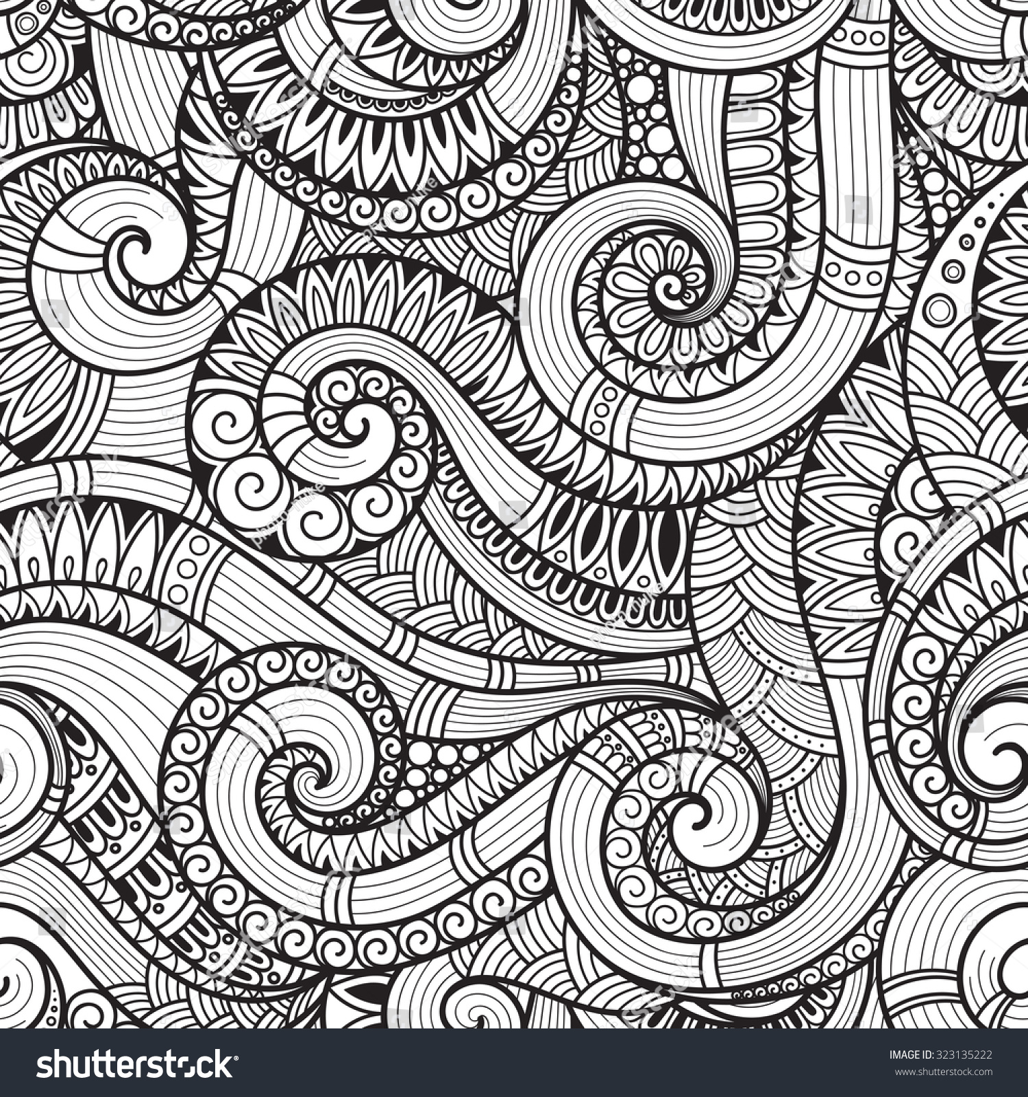 Seamless Black And White Abstract Hand-Drawn Pattern, Waves Background ...