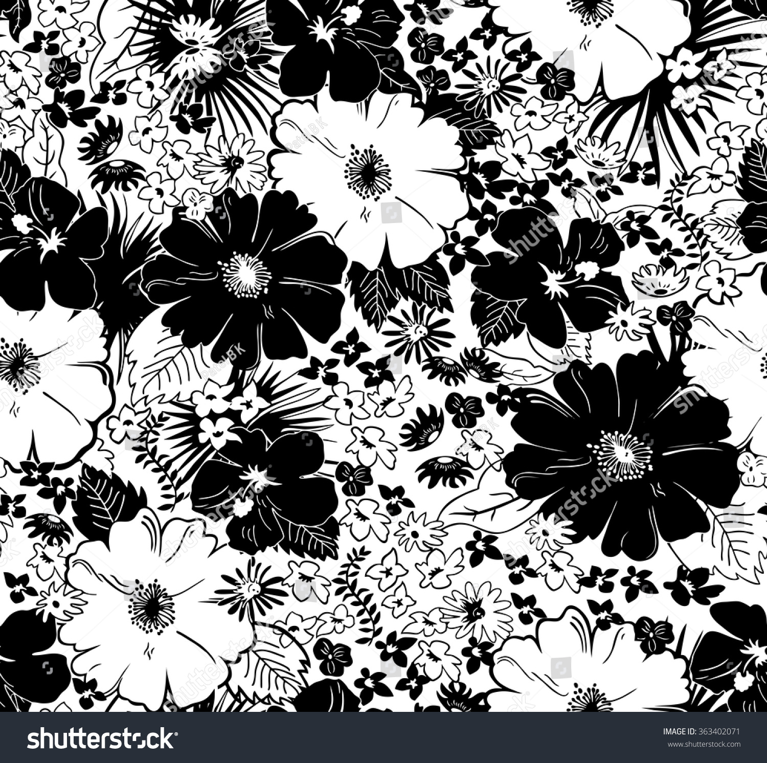 Seamless Black White Floral Pattern Stock Vector 363402071 - Shutterstock