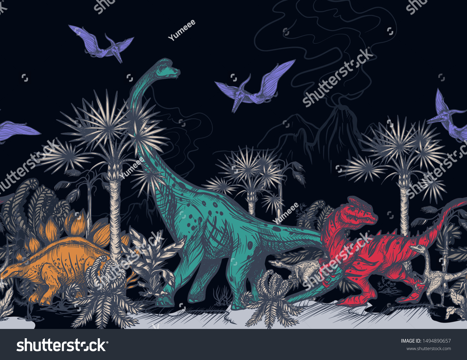 Seamless Border Dinosaurs Landscape Vector Stock Vector (Royalty Free