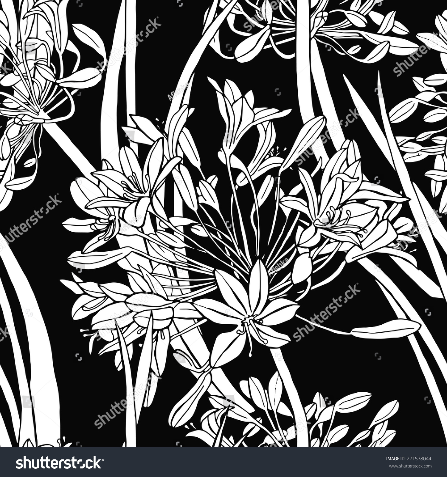 Seamless botanical floral pattern with umbrellas agapanthus vector black and white illustration