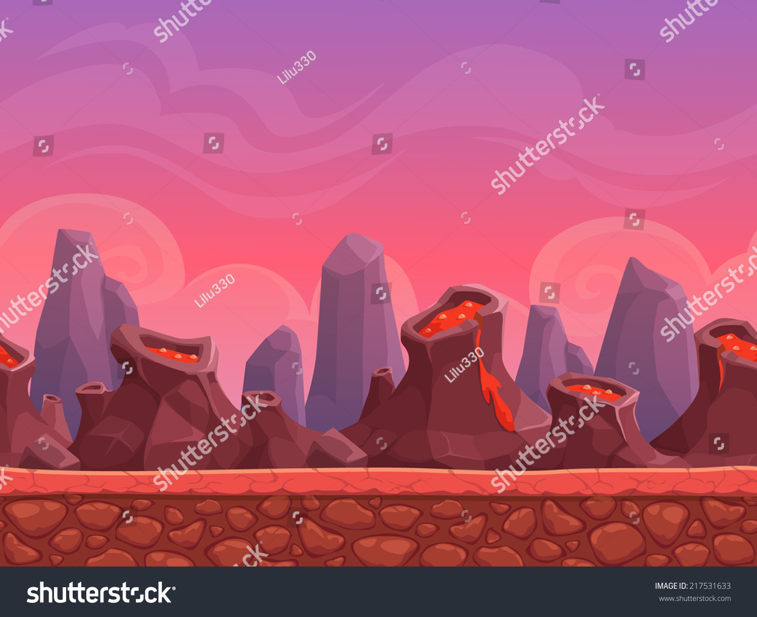 Seamless Cartoon Volcano Landscape, Vector Endless Background With ...