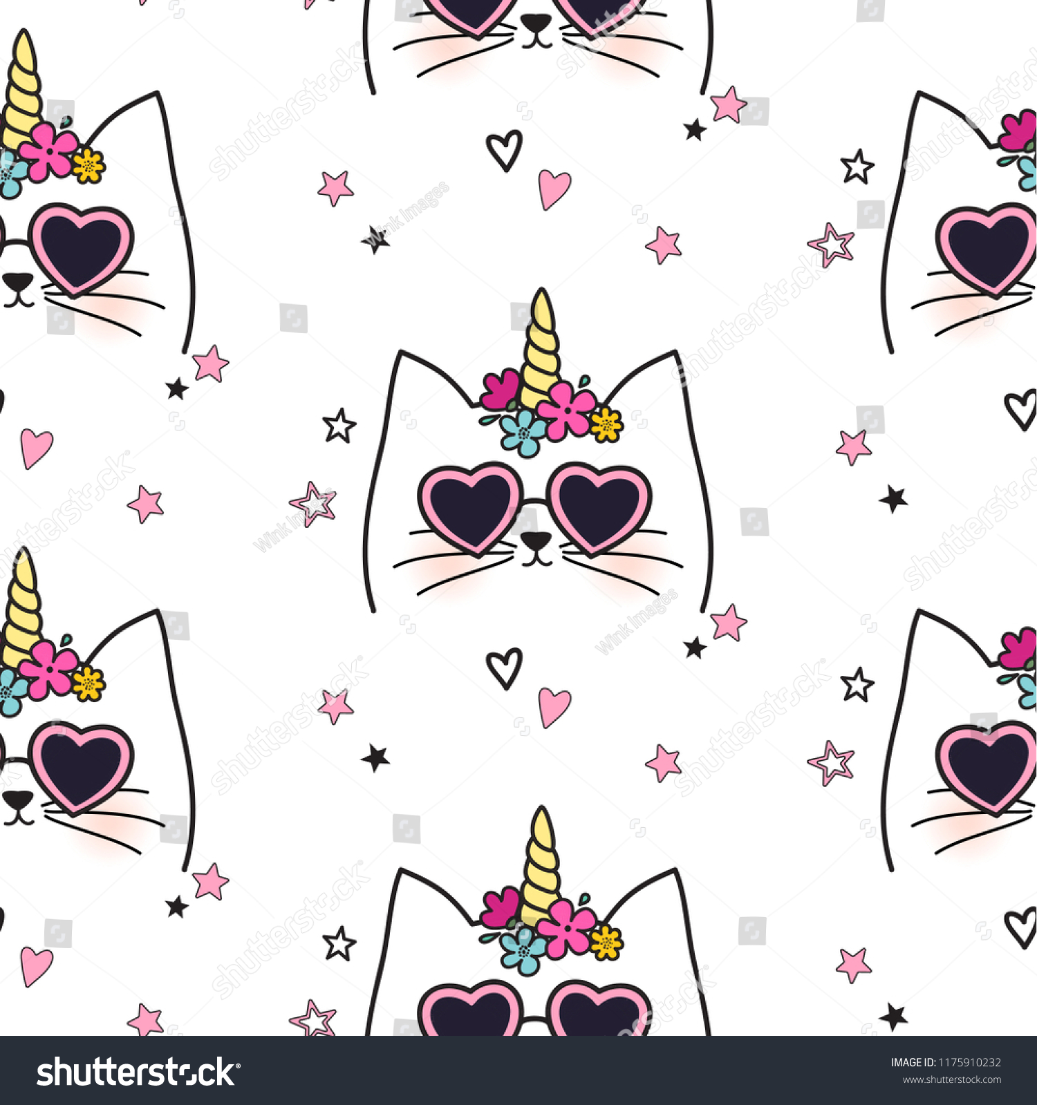 SVG of Seamless cat pattern. Hand drown caticorn cartoon character.  Cute kitty illustration for nursery design, birthday, baby shower design and party decor, print svg