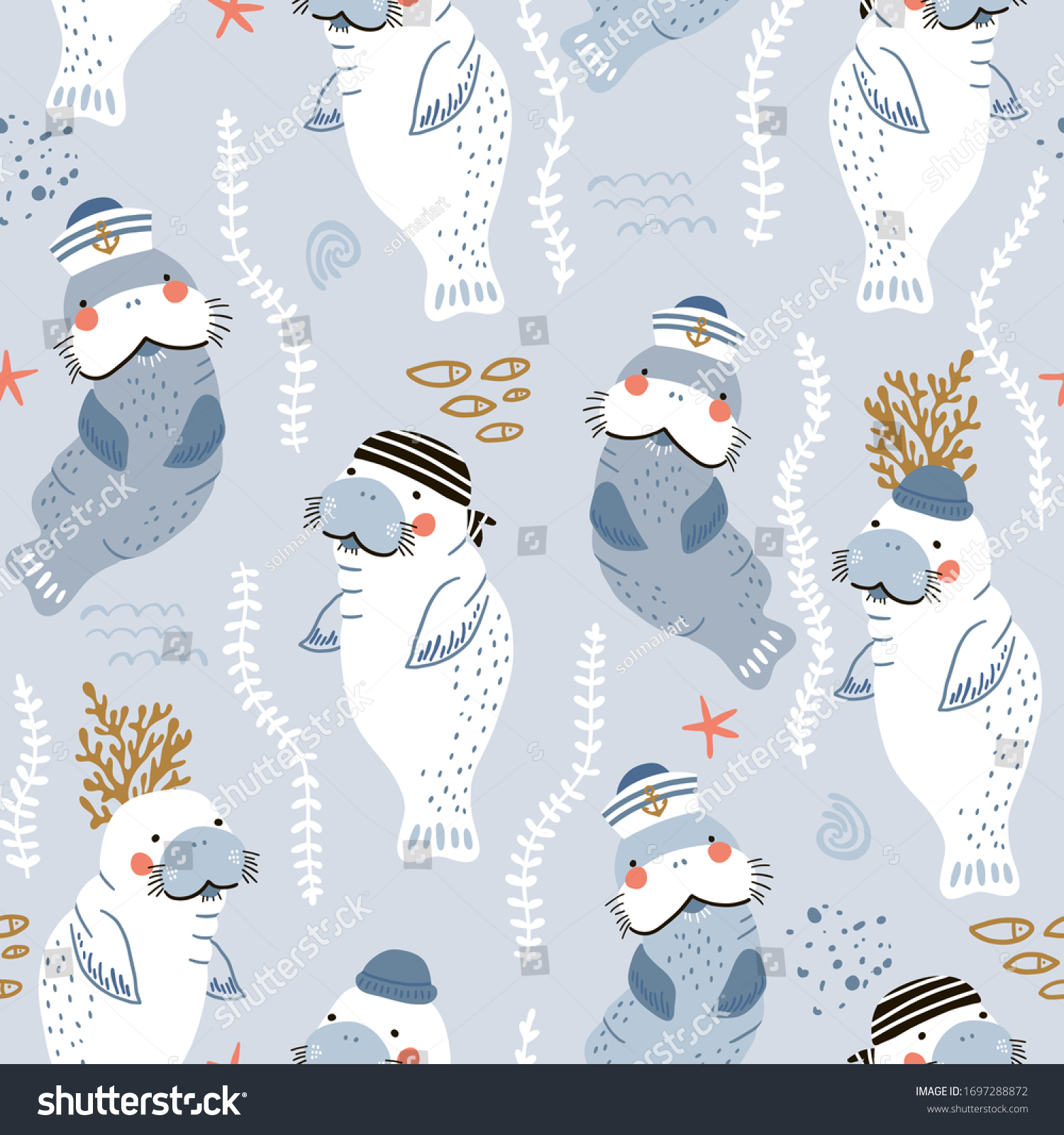 SVG of Seamless childish pattern with cute manatees sailor caps and bandanas. Creative scandinavian style under see kids texture for fabric, wrapping, textile, wallpaper, apparel. Vector illustration svg