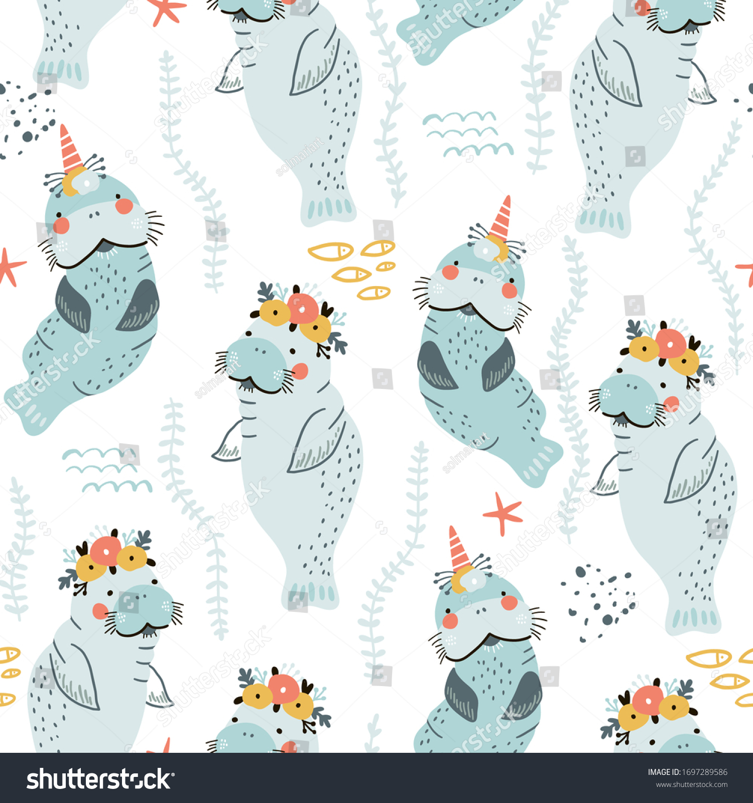 SVG of Seamless childish pattern with cute manatees with floral wreaths and unicorn horns. Creative scandinavian style under see kids texture for fabric, wrapping, textile, wallpaper, apparel. Vector illustr svg