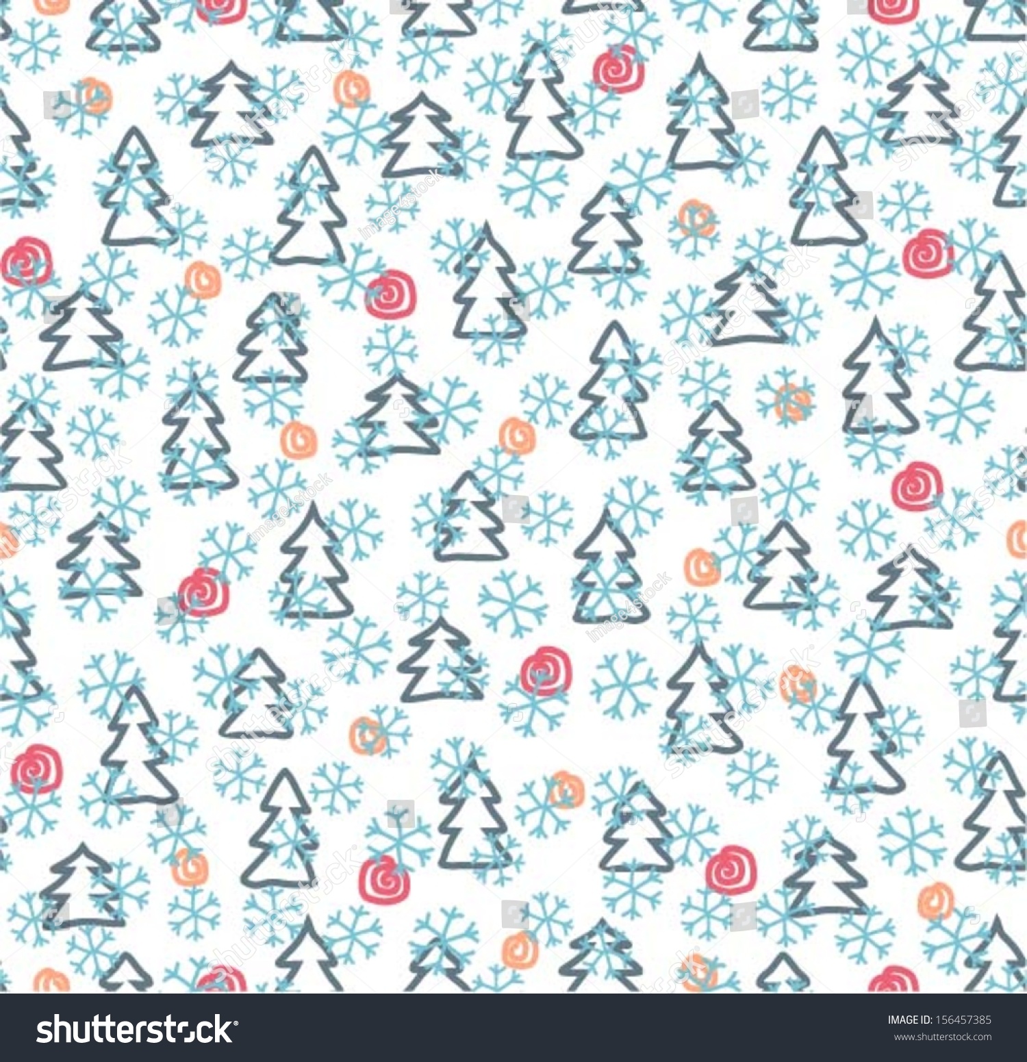 Seamless Christmas Pattern- Pine Tree And Snowflake, Hand Drawn ...