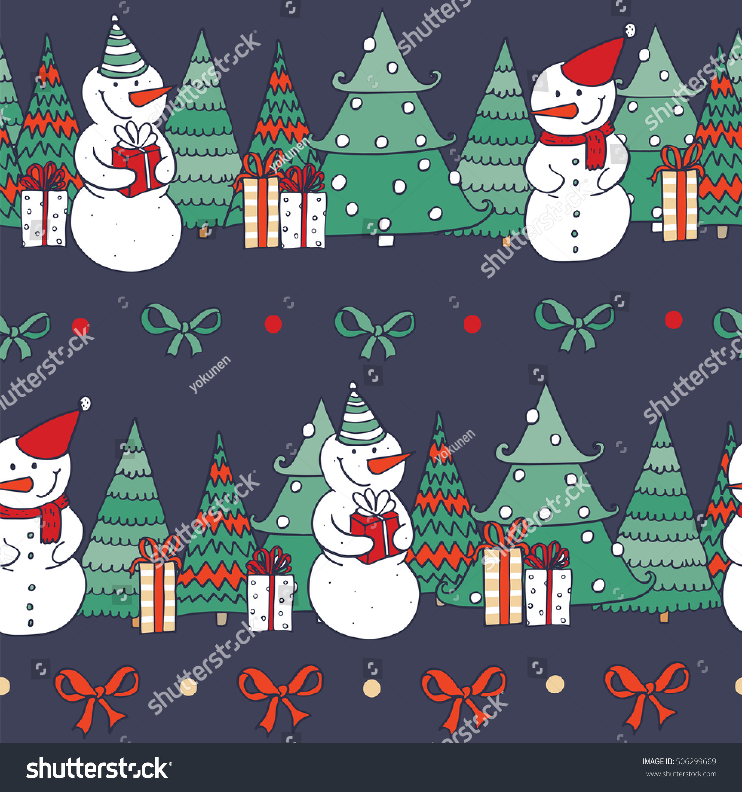 Seamless christmas pattern with hand drawn snowman with t christmas trees and ribbon bows