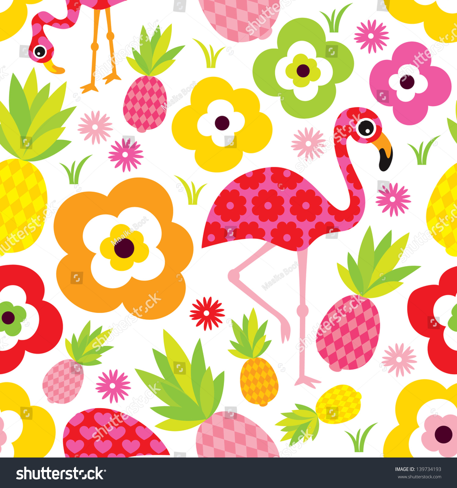 Seamless Exotic Pineapple Flamingo Kids Illustration Stock Vector