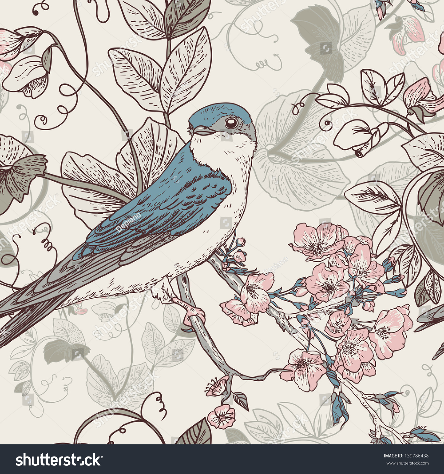 Seamless Floral Background Bird Wallpaper Vintage Stock Vector Royalty Free 139786438