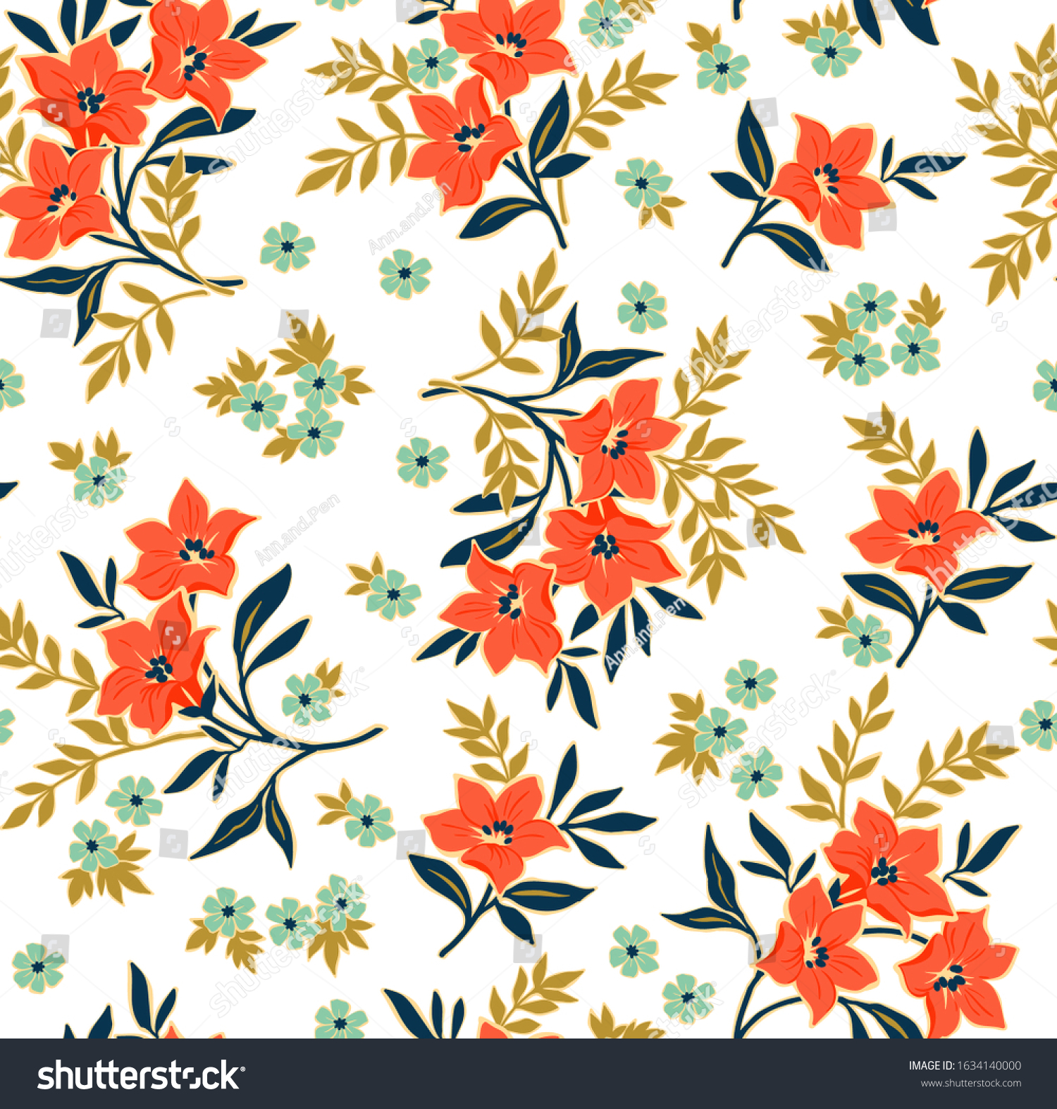 Seamless Floral Pattern Design Smallscale Orange Stock Vector Royalty Free 1634140000