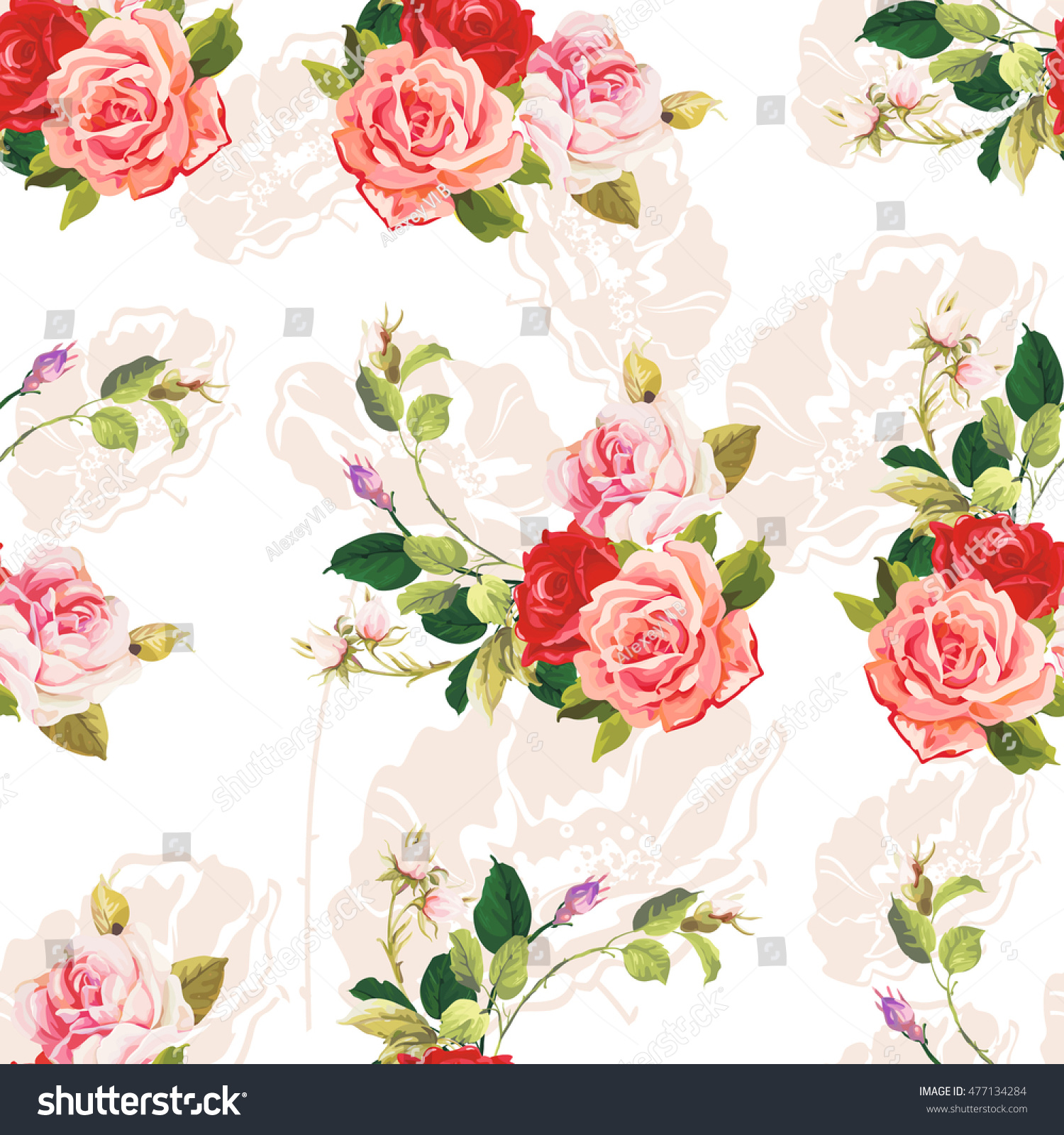 Seamless Floral Pattern Three Rose Vector Stock Vector 477134284