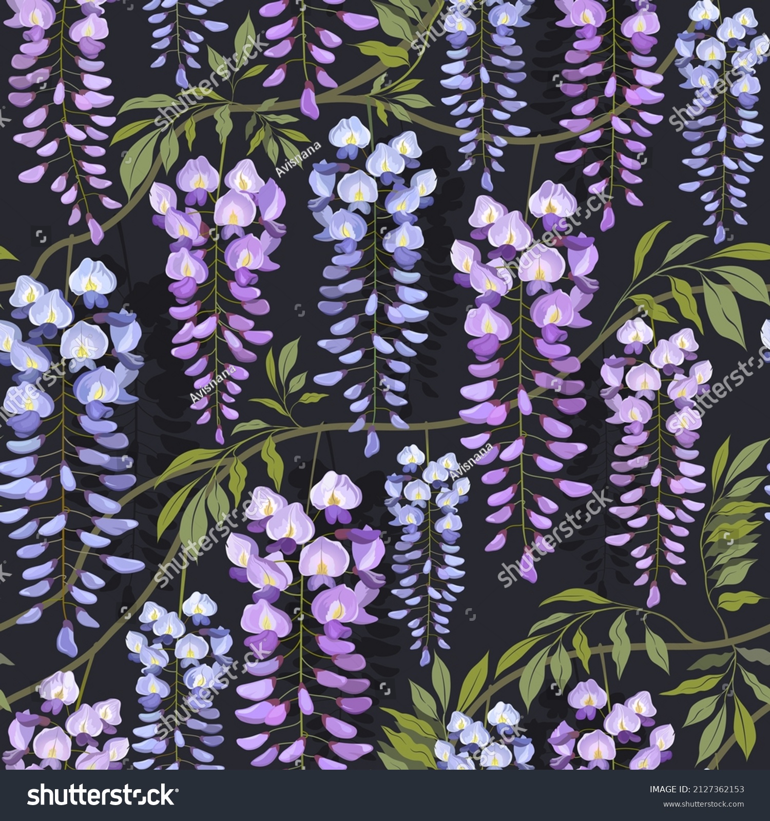 SVG of Seamless floral pattern with blooming blue-purple wisteria plant svg