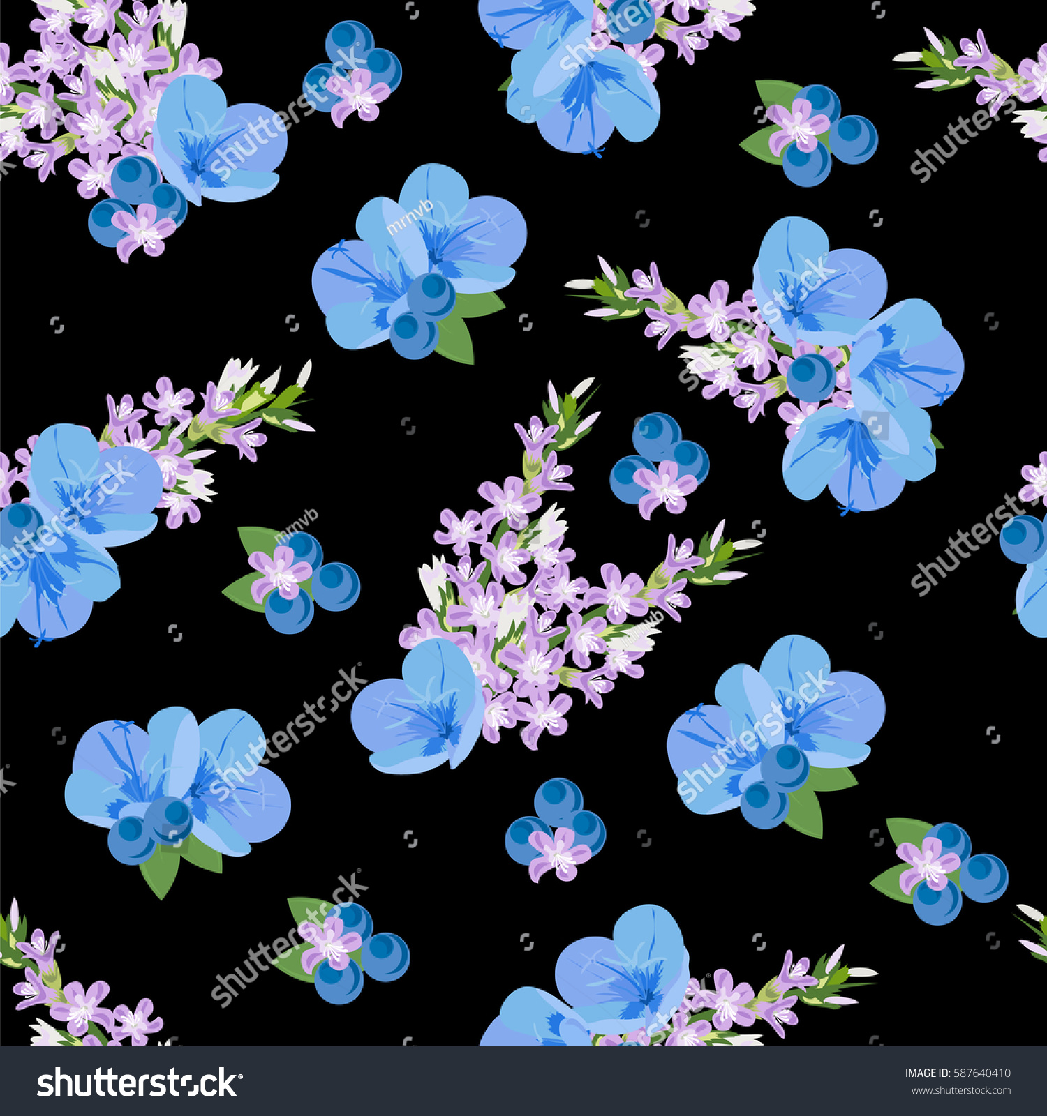 stock vector seamless floral pattern with cute blue flowers and berries on black background for textile cover 587640410